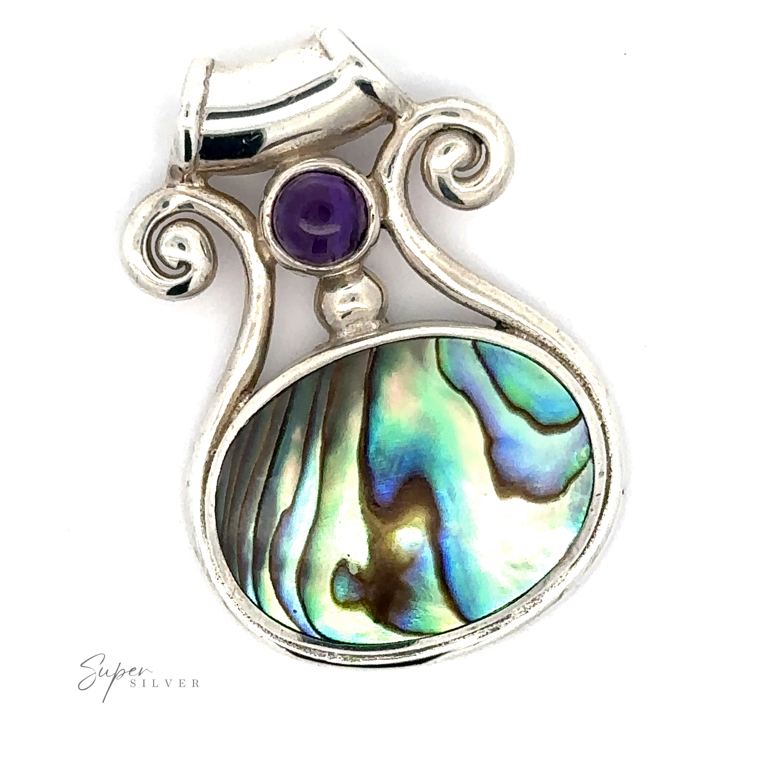 The Abalone and Amethyst Pendant features a round purple amethyst above an oval abalone shell, accented with scroll detailing and a polished sterling silver finish—perfect for bohemian jewelry lovers.