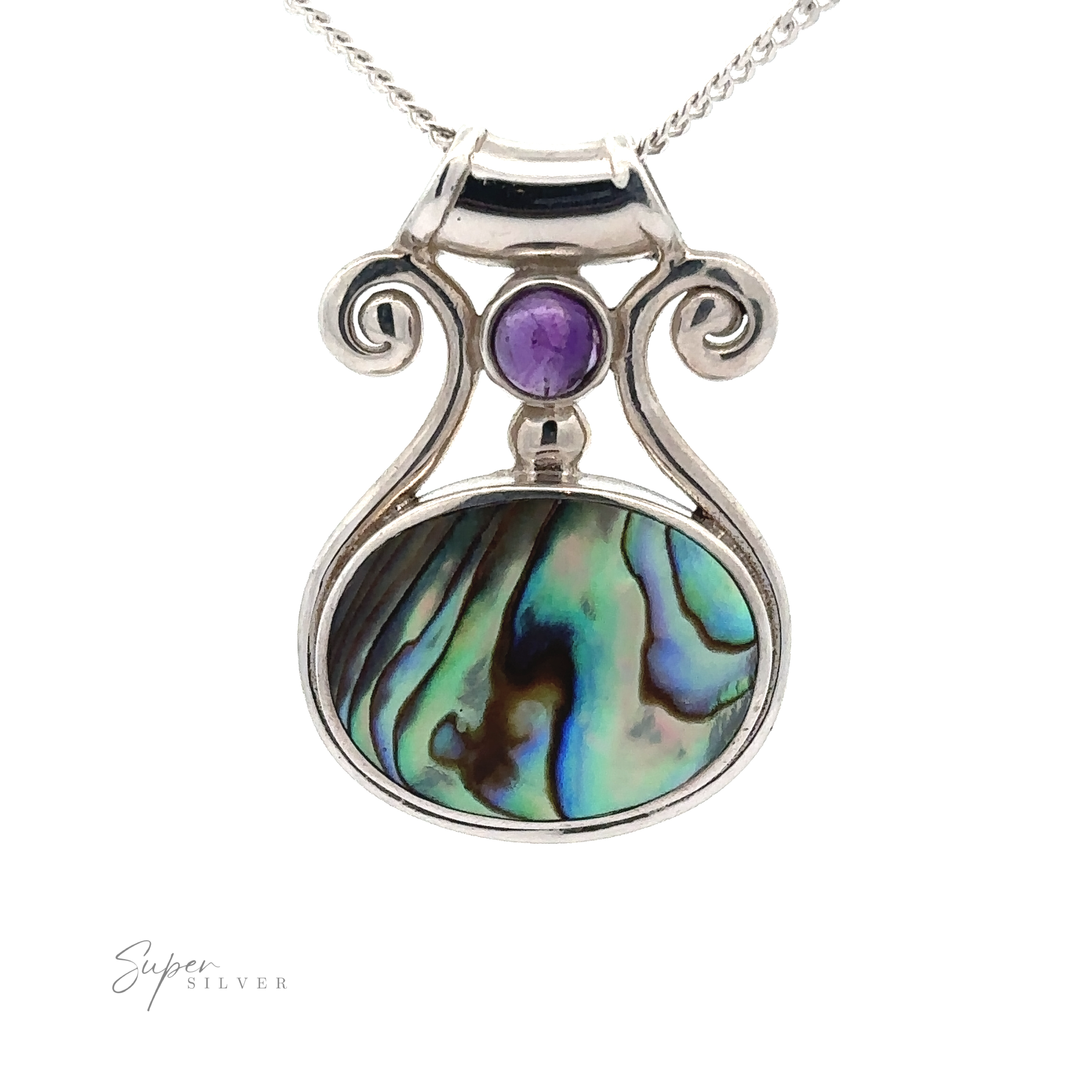 The Abalone and Amethyst Pendant is a sterling silver necklace with a large oval abalone shell, a small round amethyst, and decorative scrollwork—ideal for Bohemian jewelry enthusiasts.
