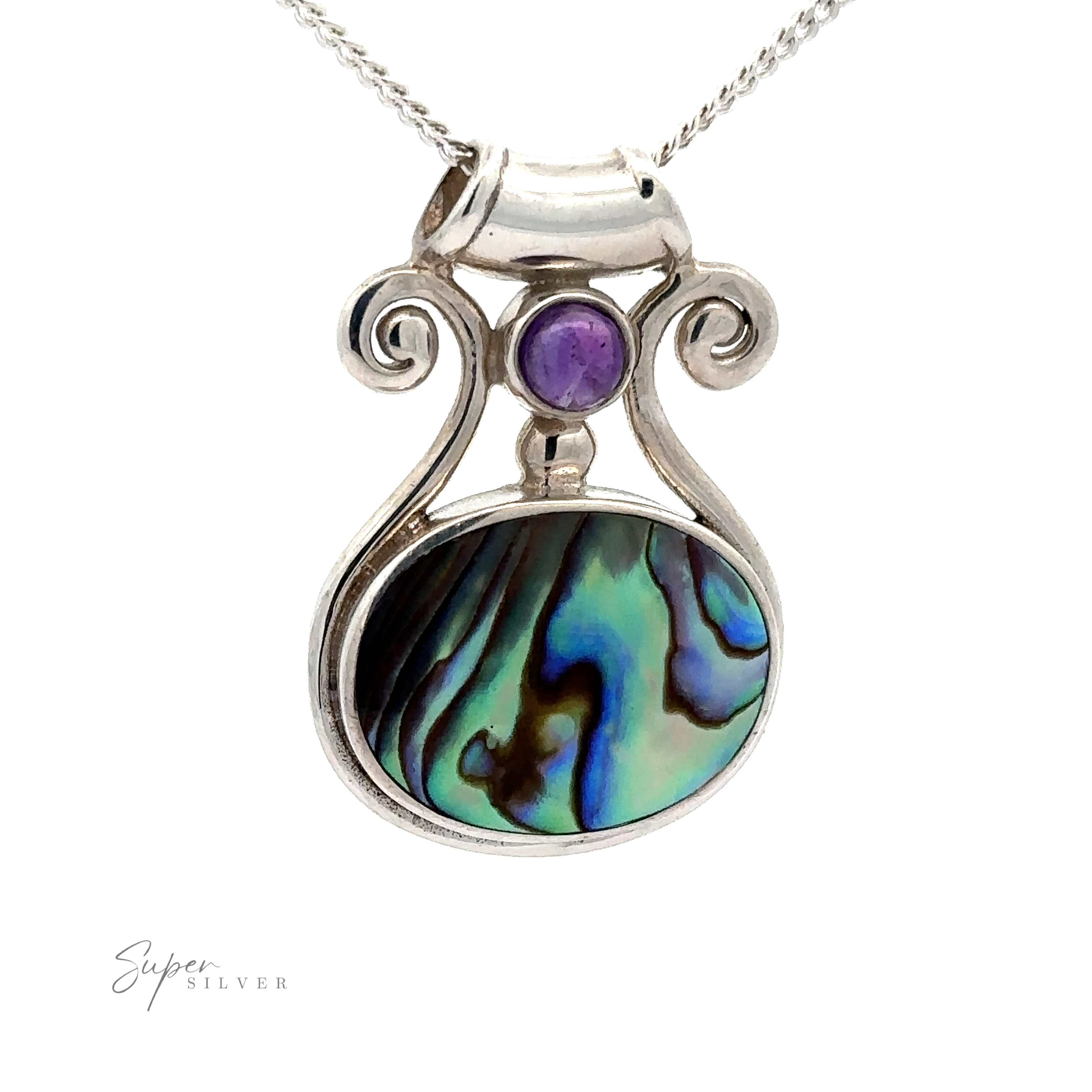 The Abalone and Amethyst Pendant is a sterling silver necklace with a large oval abalone pendant, a round amethyst accent, and decorative scrollwork for bohemian style.