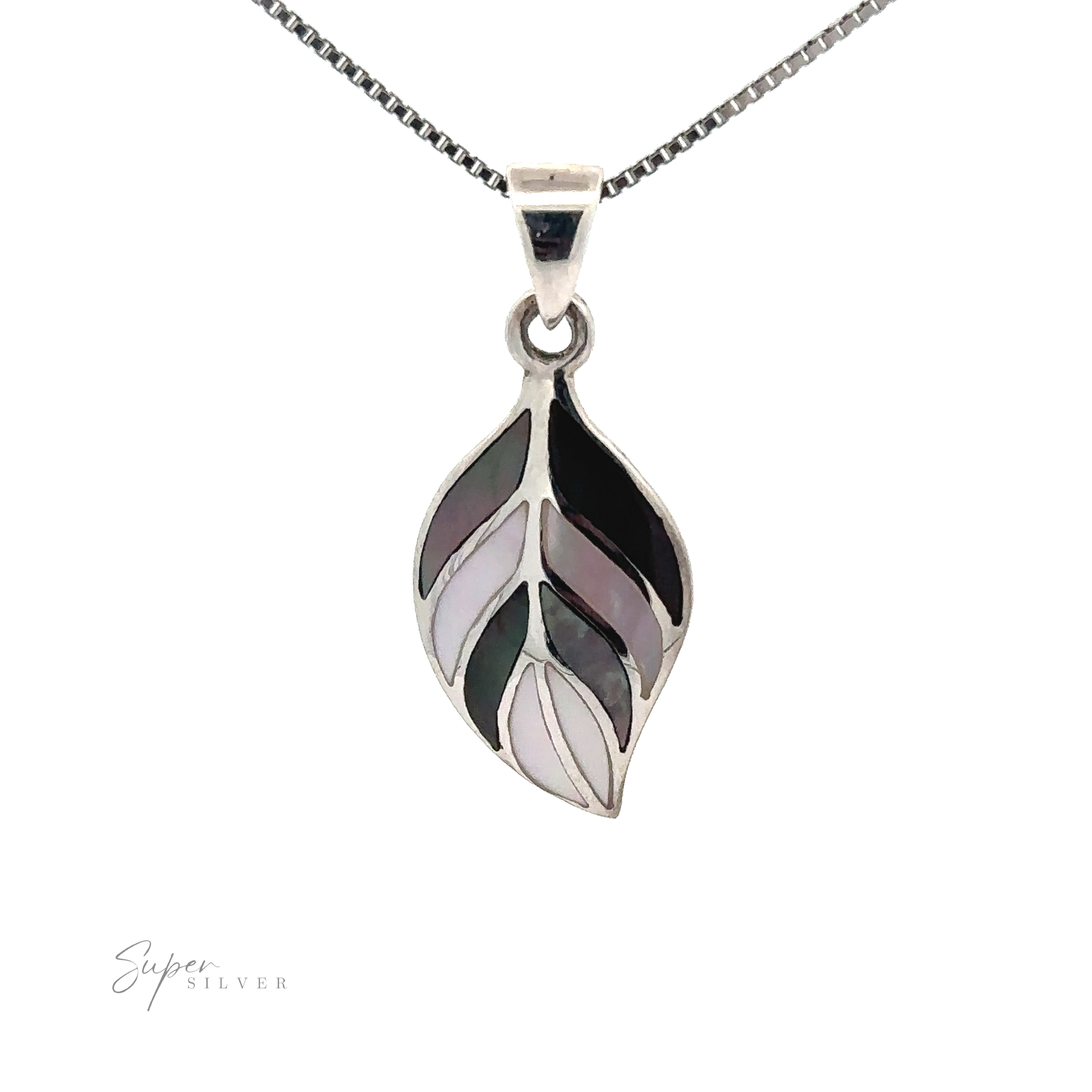 Stone Inlaid Leaf Pendant, featuring segments of black, white, and soft pink inlay. The image has a white background with the text "Super Silver" in the lower left corner.