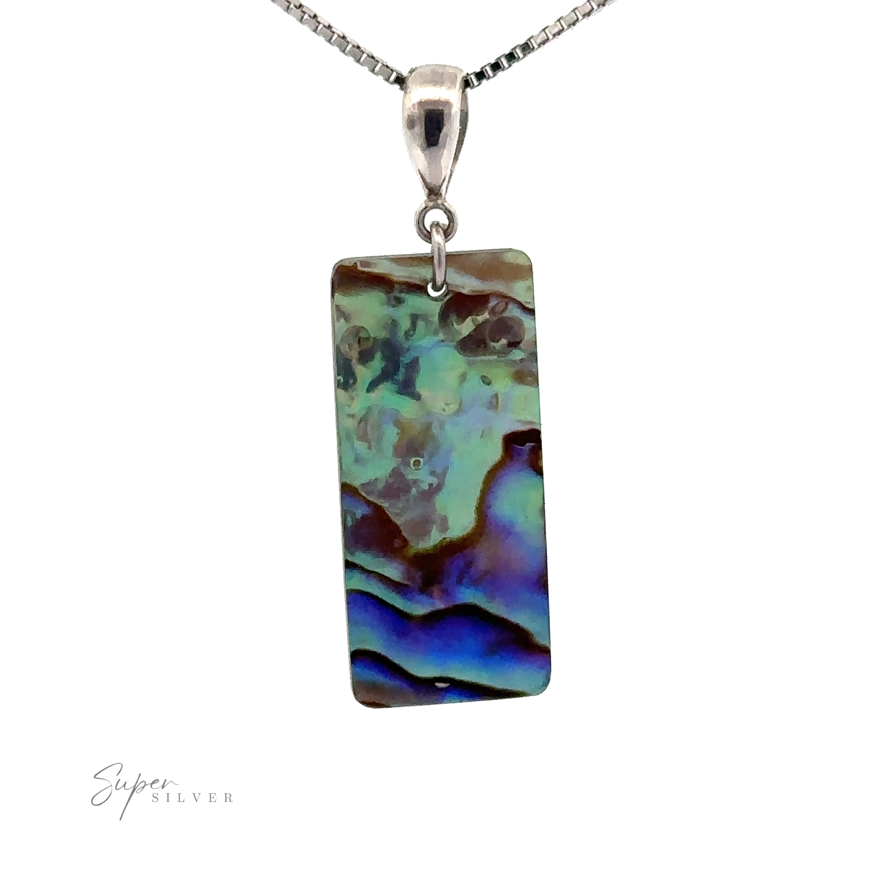 A Rectangular Abalone Slab Pendant with iridescent blue and green hues on a silver chain necklace. This handmade pendant showcases the "Silver Super" logo at the bottom left and is believed to possess healing properties.