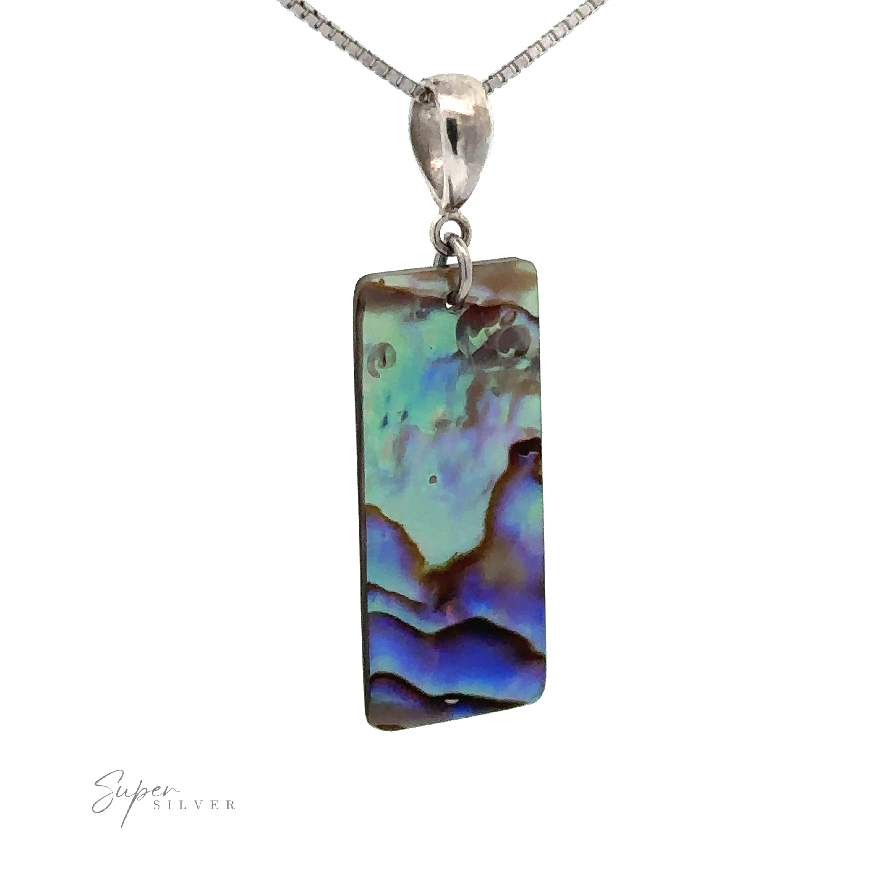 A handmade Rectangular Abalone Slab Pendant with a multicolored, iridescent surface hangs from a silver chain against a white background. The "Super Silver" logo is visible in the bottom left corner.