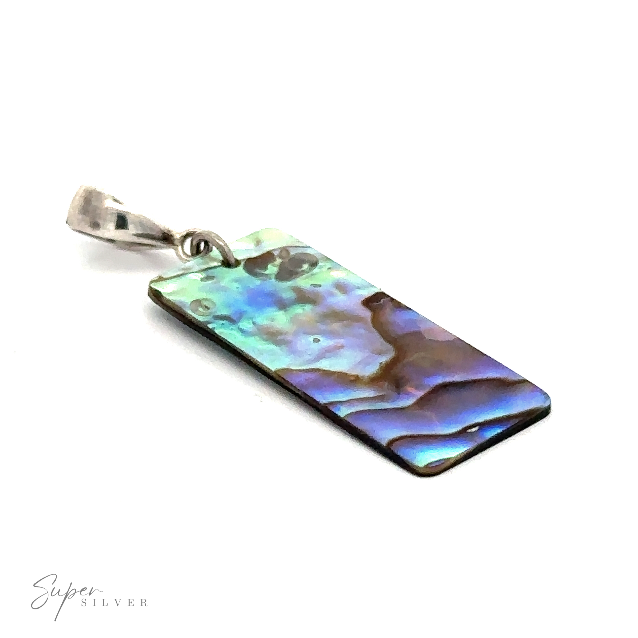 A handmade Rectangular Abalone Slab Pendant with a silver bail, boasting the iridescent beauty of abalone shell. Text in the bottom left corner reads "Super Silver.