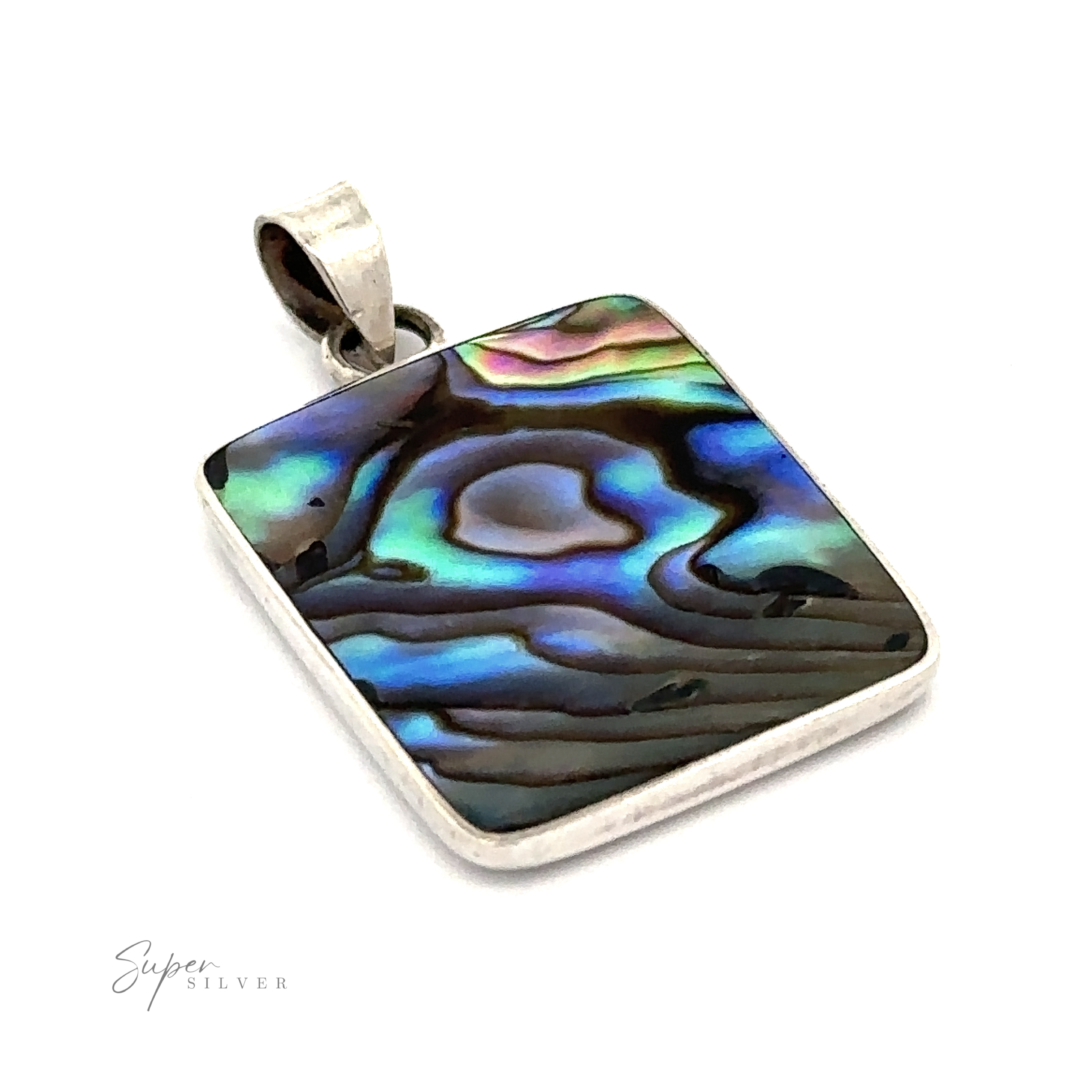 The Square Abalone Pendant, featuring a sterling silver frame that showcases iridescent blue, green, and purple hues, exudes a beachy charm against a white background.