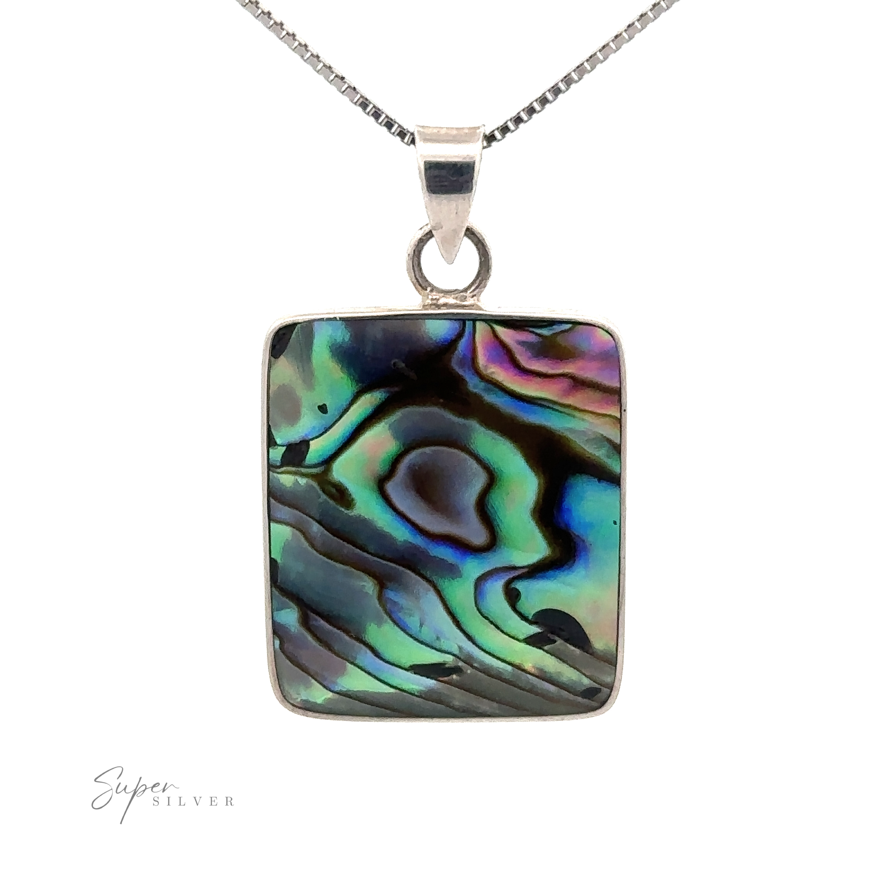 The Square Abalone Pendant features a striking shell design in shades of green, blue, and purple. It gracefully hangs on a Sterling Silver chain, exuding beachy charm and adding an oceanic splash of color to any outfit.