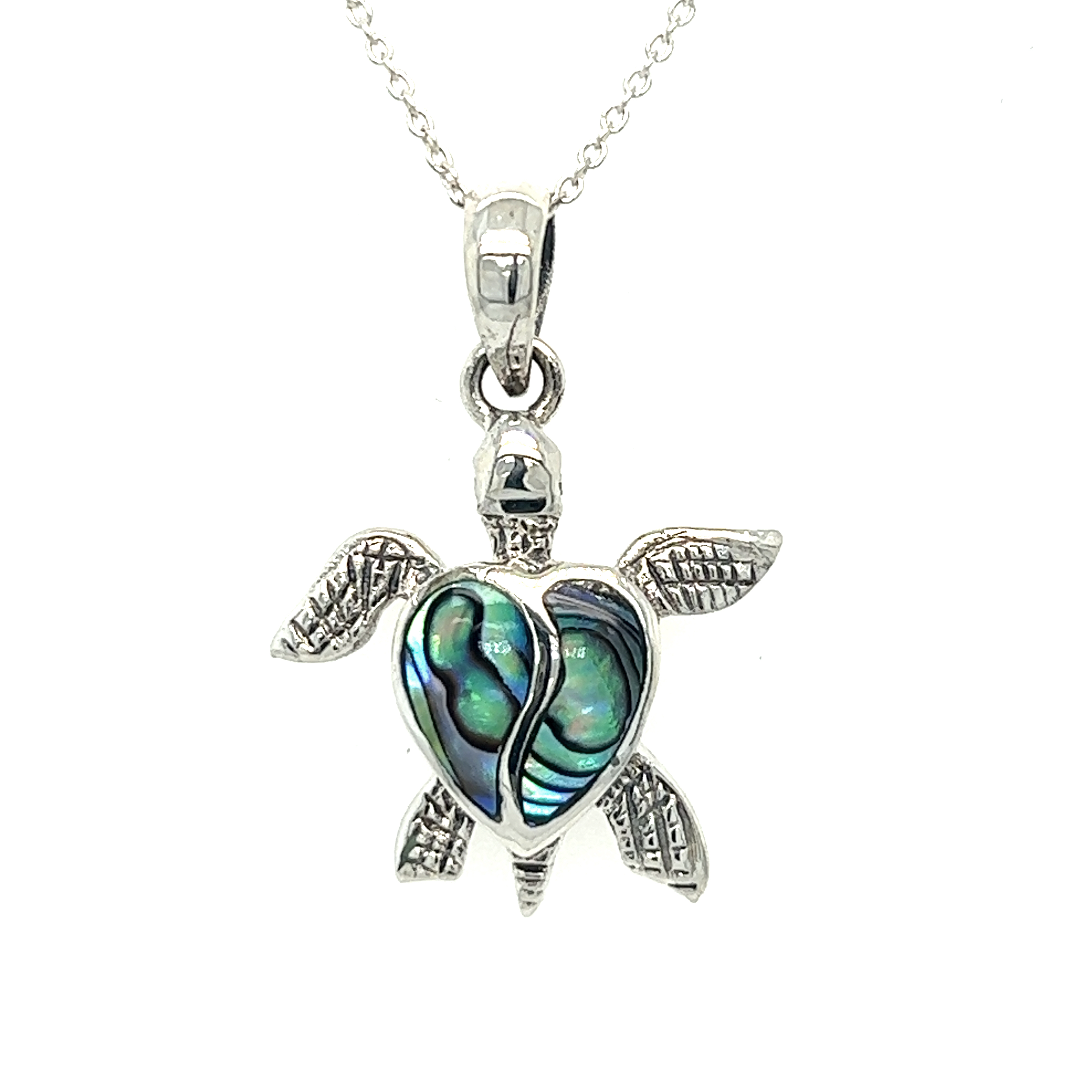 A Stone Inlay Turtle Pendant made from sterling silver, complete with a chain.