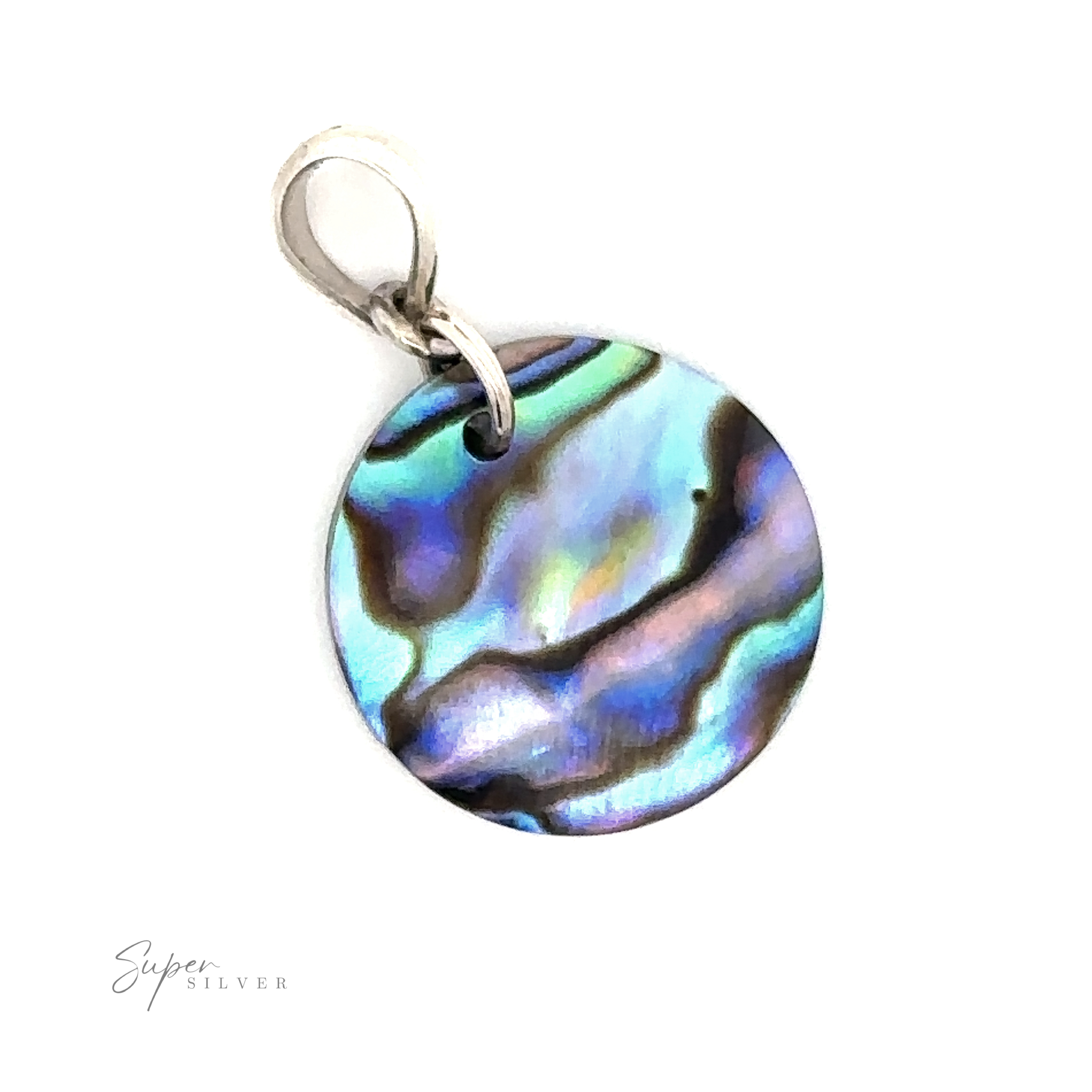 A round Charming Abalone Pendant with a metallic loop, displaying iridescent blue, green, and purple hues on a white background. An exquisite piece of ocean-inspired jewelry, it boasts the text "Super Silver" on the bottom-left corner.