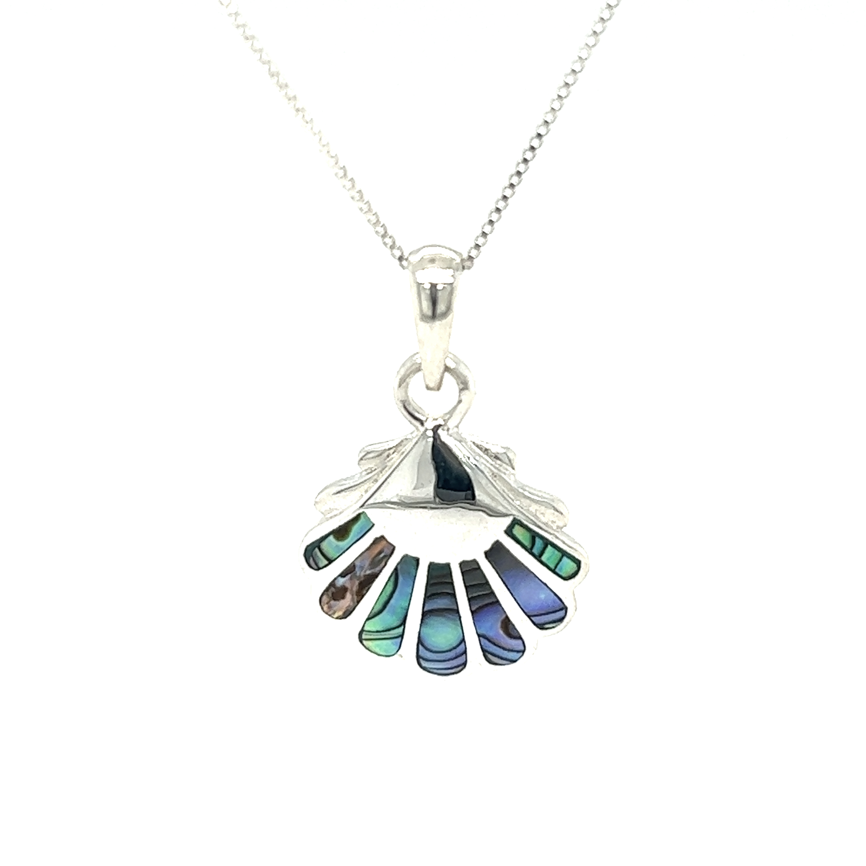 An oceanic beauty, this Clam Shell Pendant features inlay stones of blue and green, creating a stunning accessory.