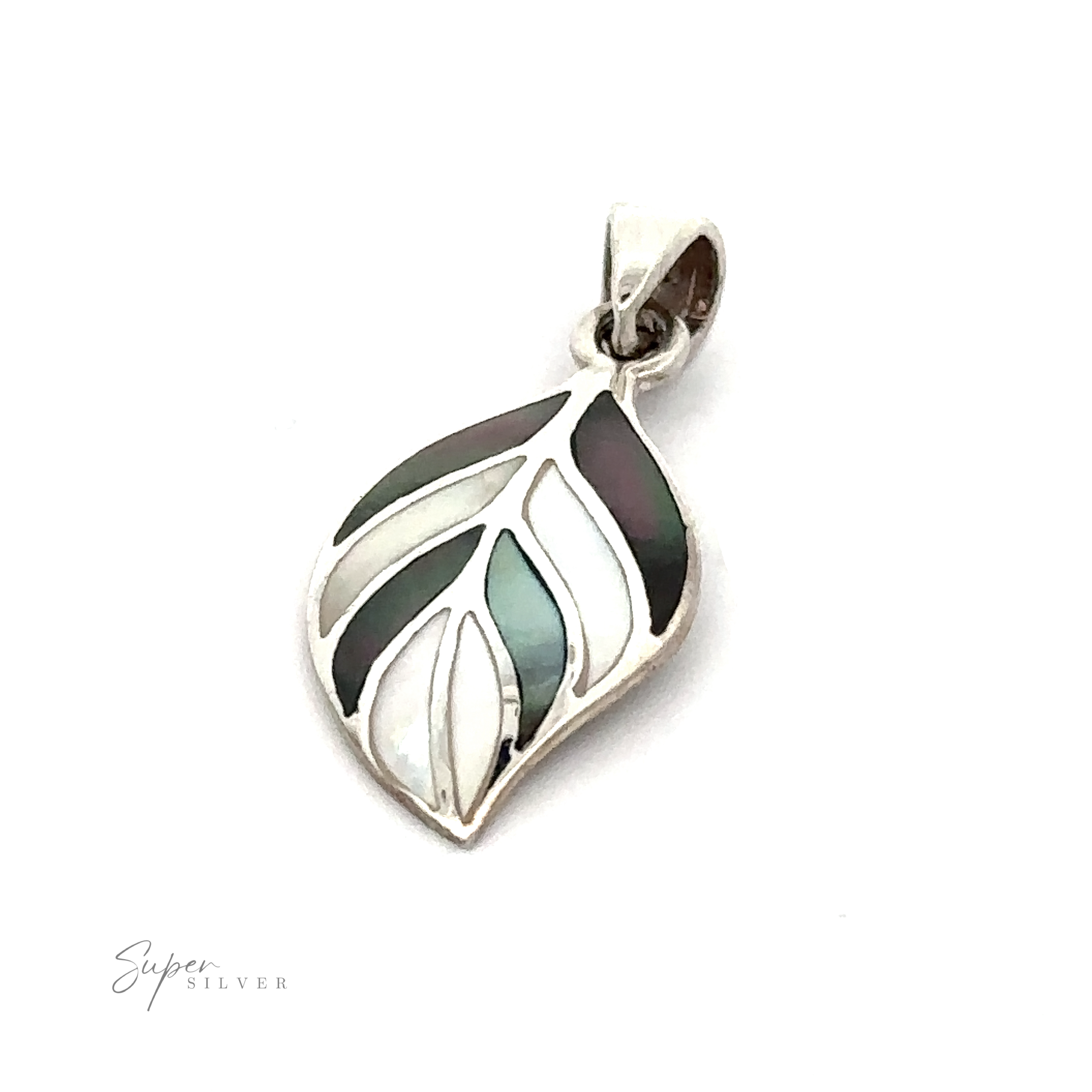 Stone Inlaid Leaf Pendant: Silver leaf-shaped pendant with green and black enamel inlay, featuring a small loop at the top for attaching to a chain.