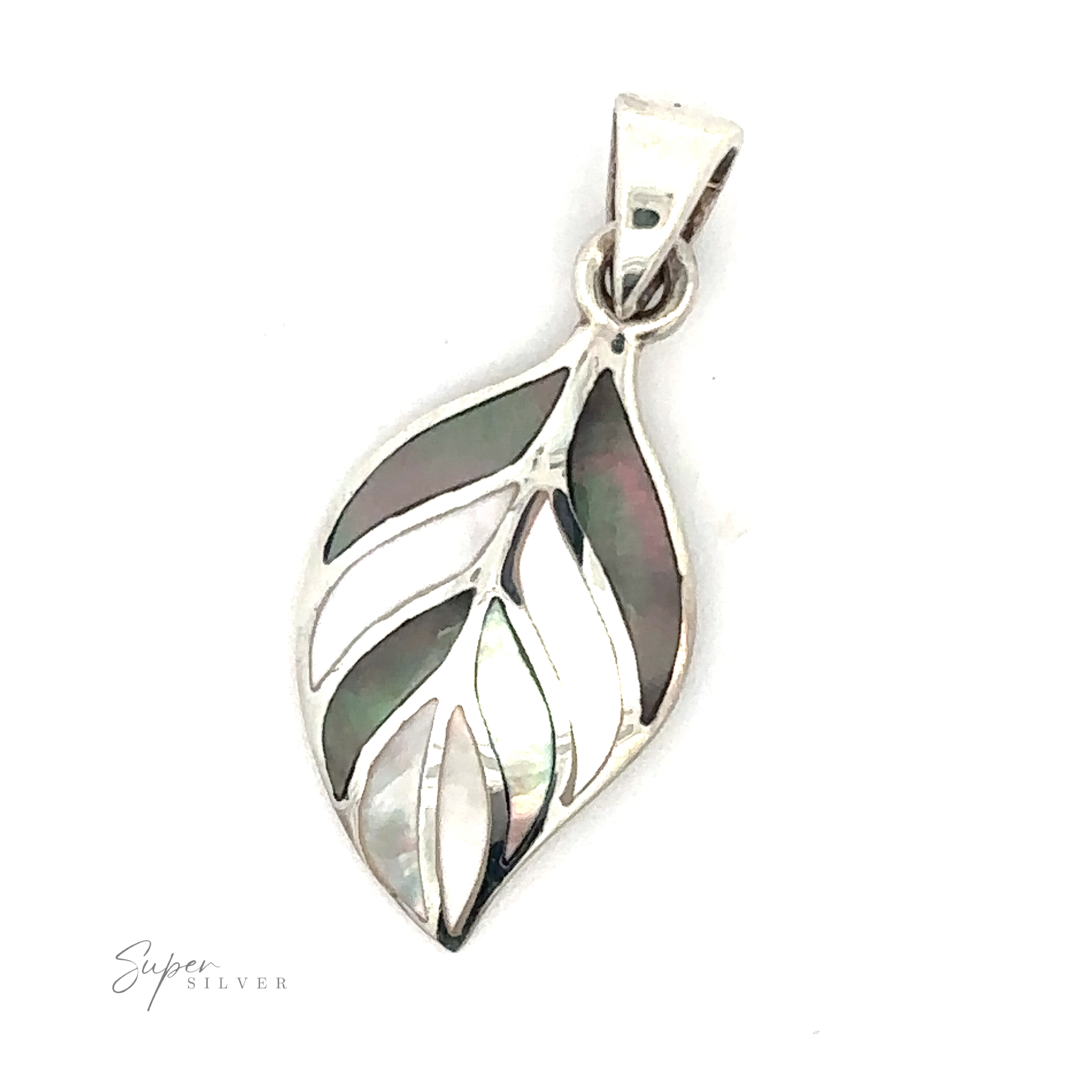 Stone Inlaid Leaf Pendant with intricate cut-out details and inlaid abalone shell patterns against a plain white background. The word "Super Silver" is visible in the bottom left corner, capturing the essence of a dainty Stone Inlaid Leaf Pendant.