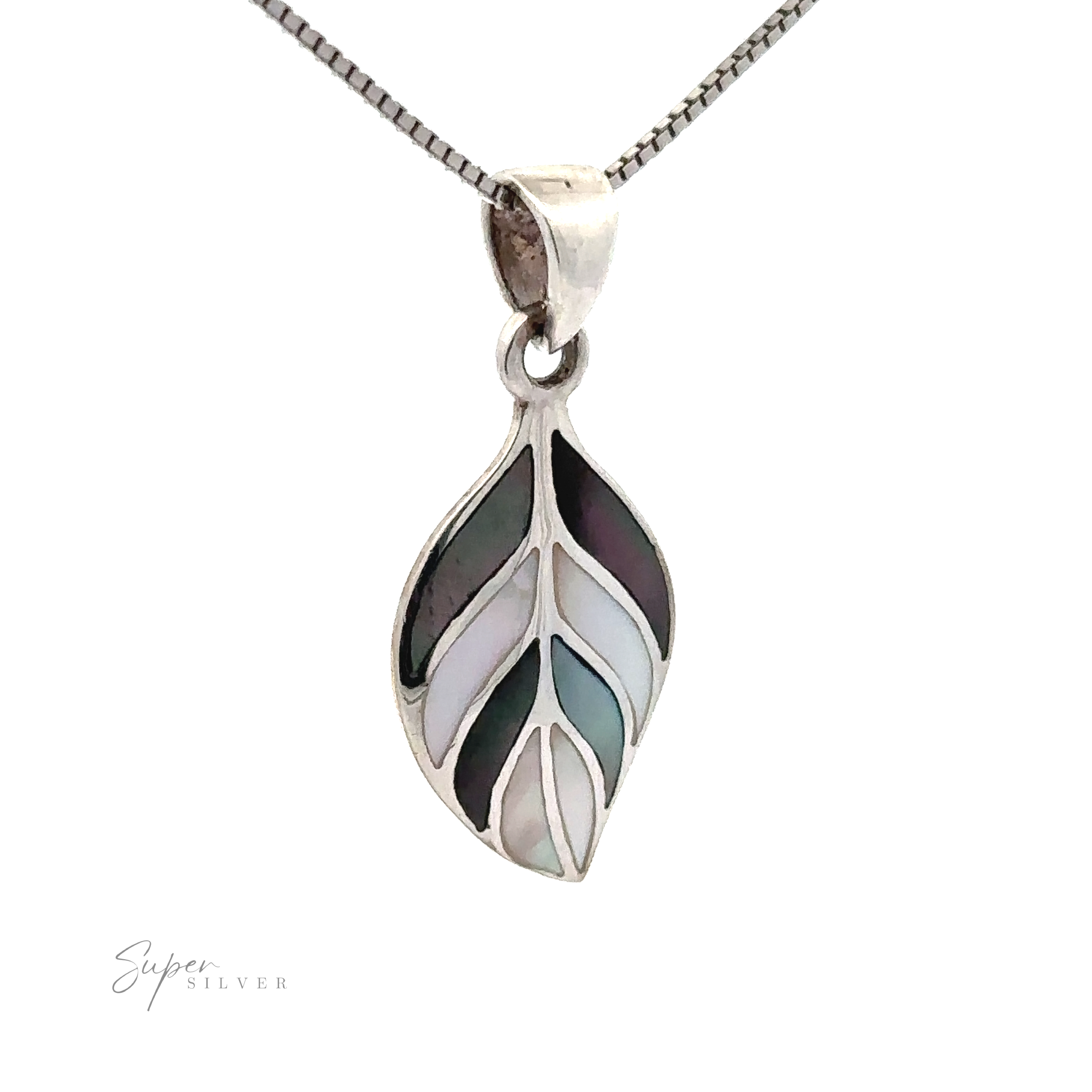 A Stone Inlaid Leaf Pendant, featuring mother-of-pearl sections in various colors.