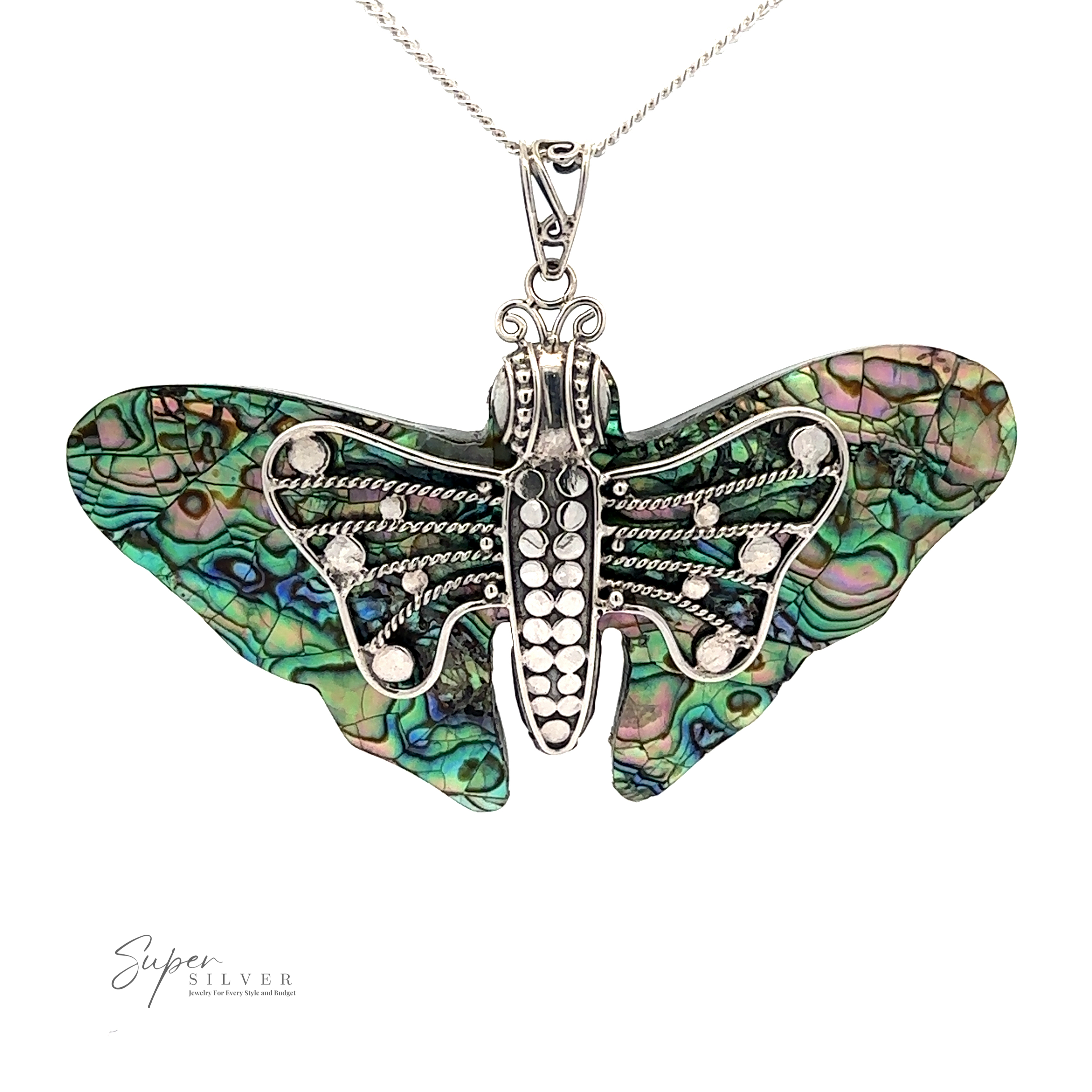 A Large Abalone Butterfly Pendant with intricate metallic detailing and vibrant, iridescent green and purple wings. The sterling silver chain is also visible. The brand name "Super Silver" is printed in the bottom left corner.