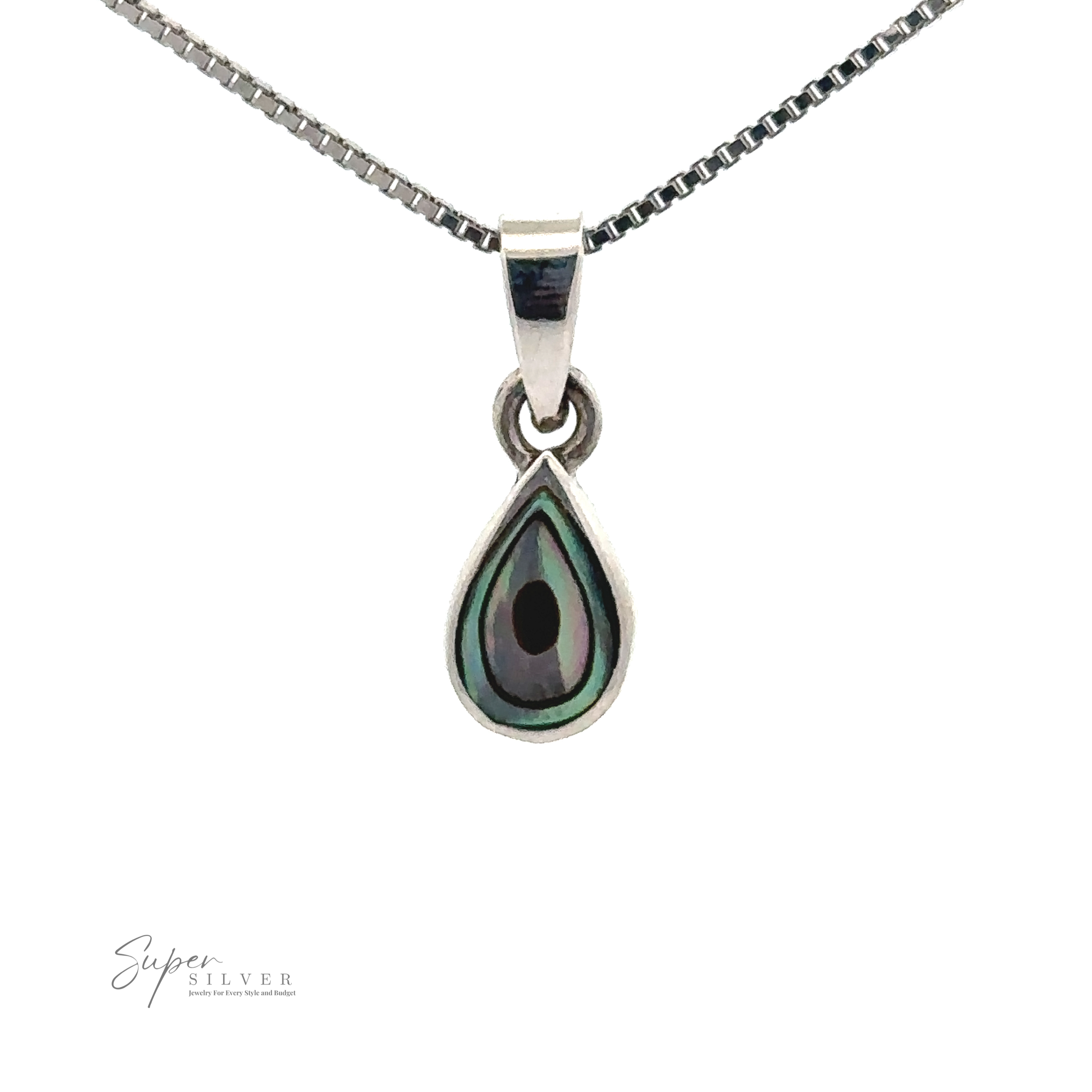 A Tiny Inlay Teardrop Pendant with an iridescent design hangs from a silver chain necklace. The sterling silver pendant features shades of green and black. Logo text "Super Silver" is visible in the lower-left corner.