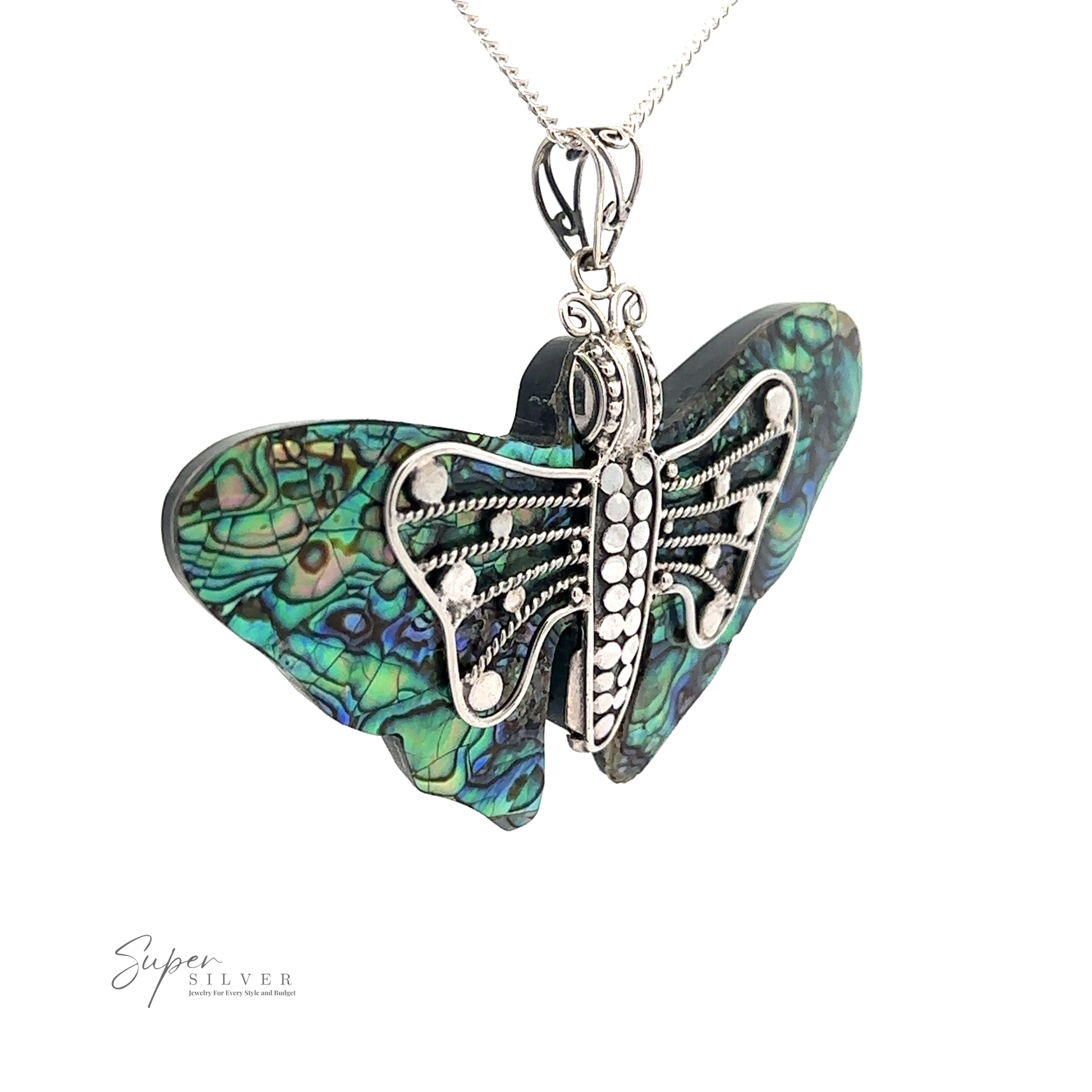A Large Abalone Butterfly Pendant on a silver chain, showcasing its healing properties. The "Super Silver" logo is visible in the bottom left corner.