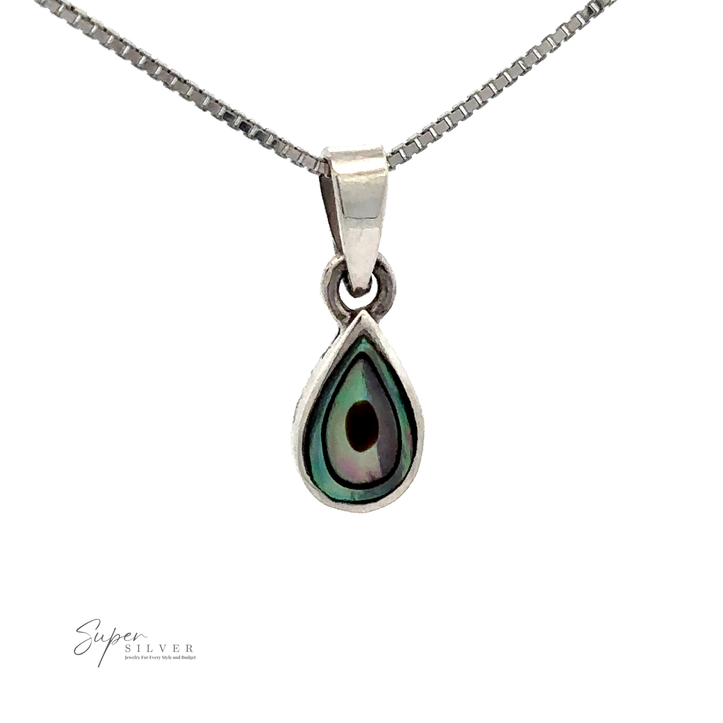 A Tiny Inlay Teardrop Pendant featuring a green and black eye-like design. The chain has a simple, clean pattern, making it perfect for minimal jewelry enthusiasts.