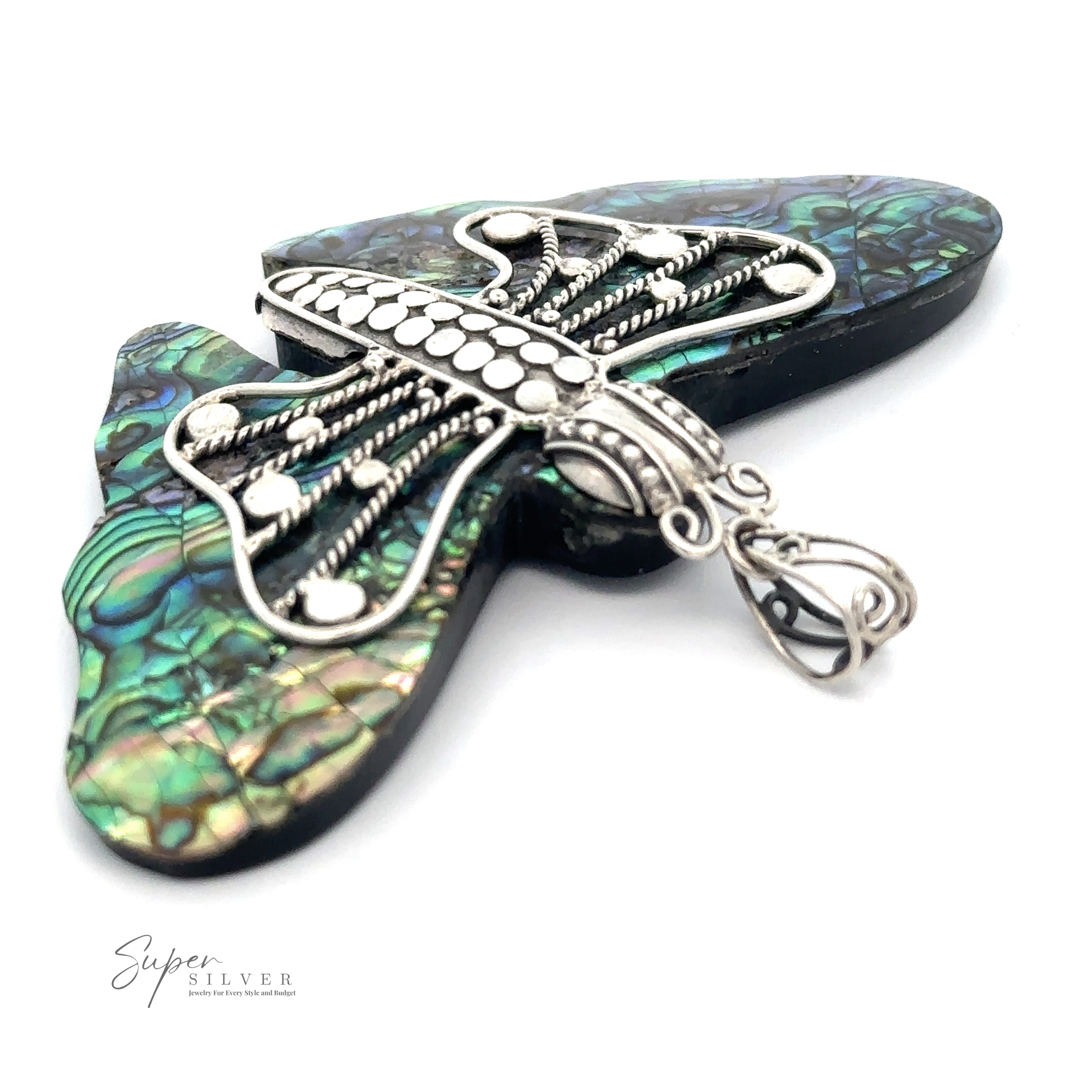 A Large Abalone Butterfly Pendant with intricate sterling silver detailing, on a white background.