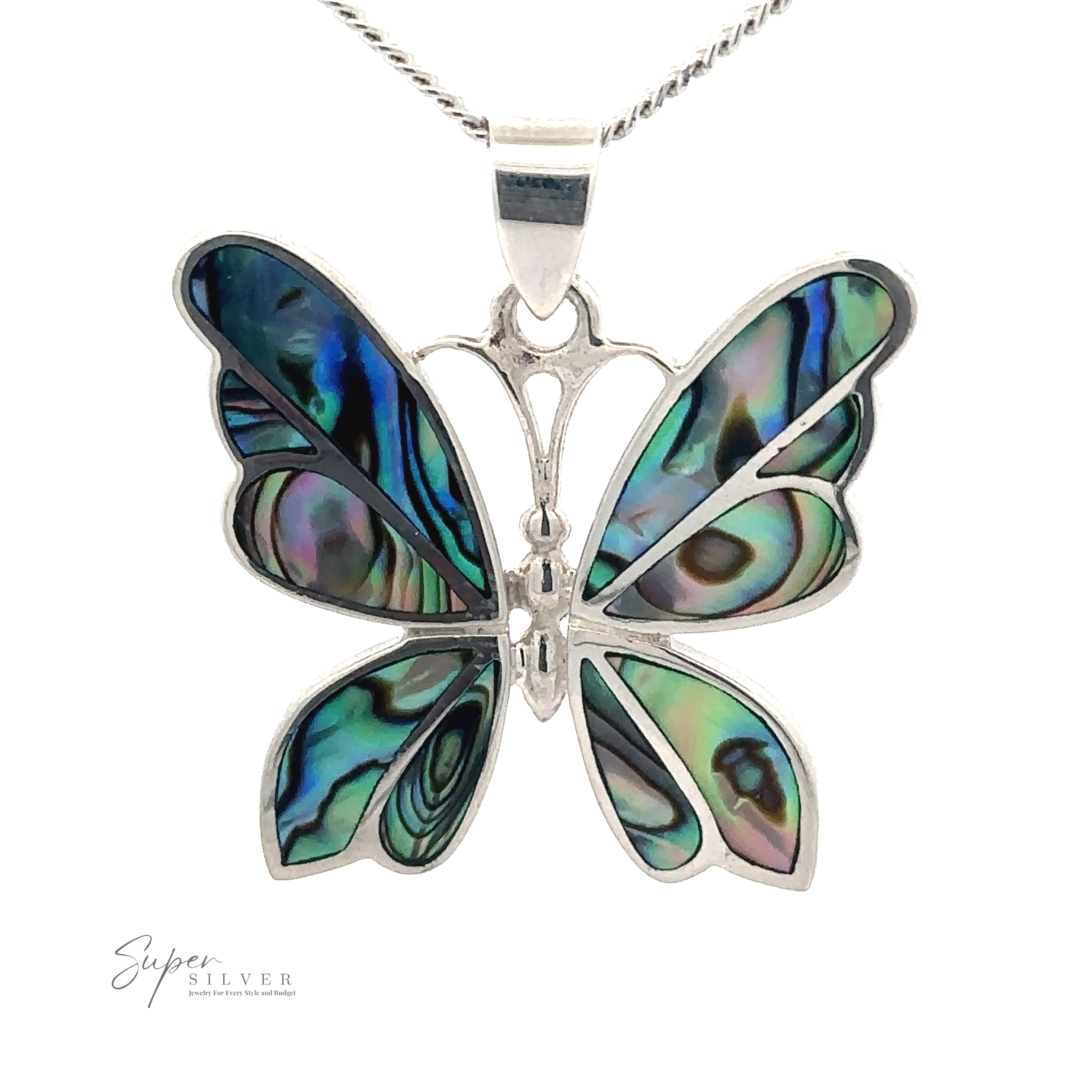 A Medium Inlay Butterfly Pendant adorned with colorful, iridescent abalone shell wings on a silver chain. The piece is intricately designed with vibrant blue, green, and purple hues. The "Super Silver" logo is visible, making it a stunning addition to any gemstone jewelry collection.