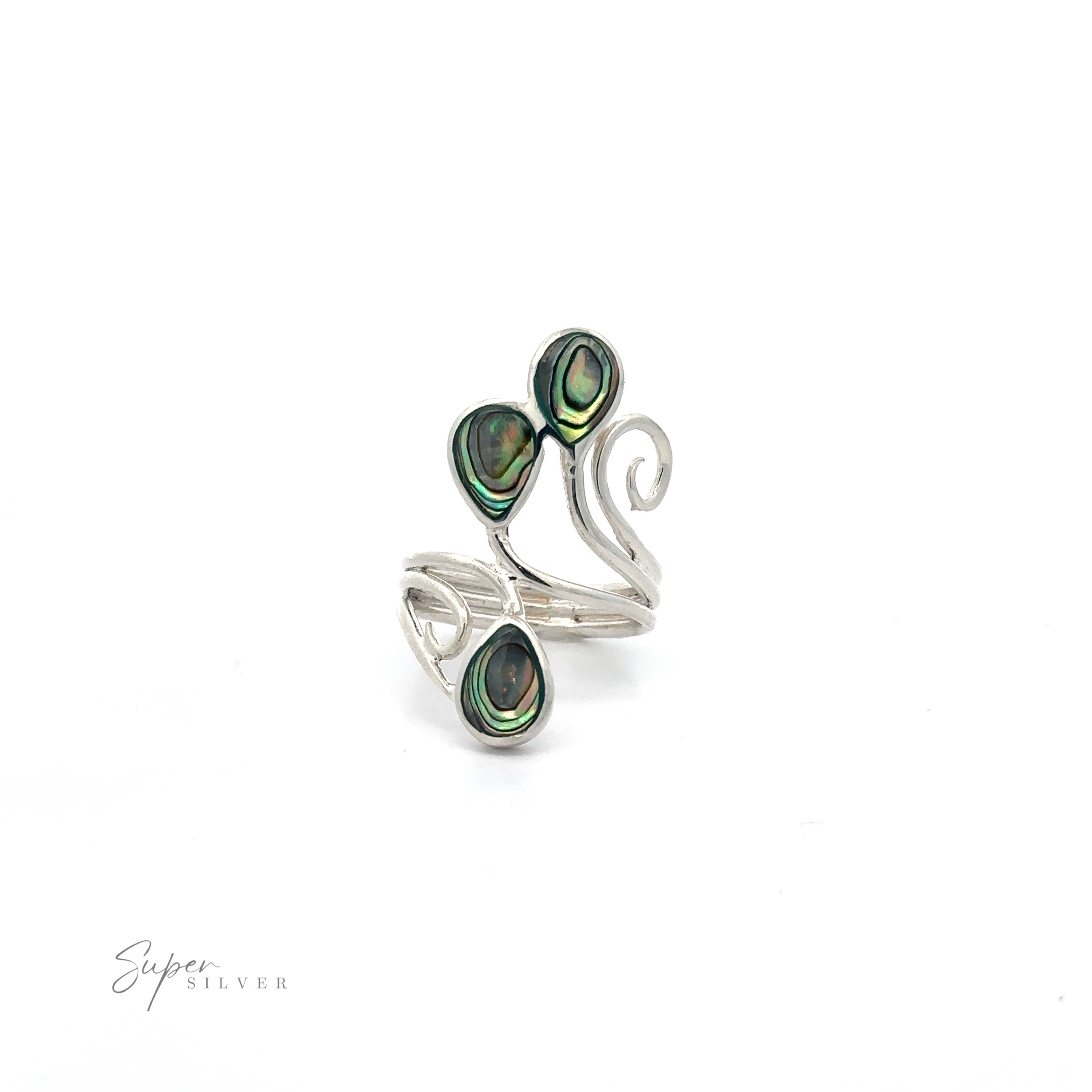 Swirl Freeform Abalone Ring with three green abalone gemstones on a white background.
