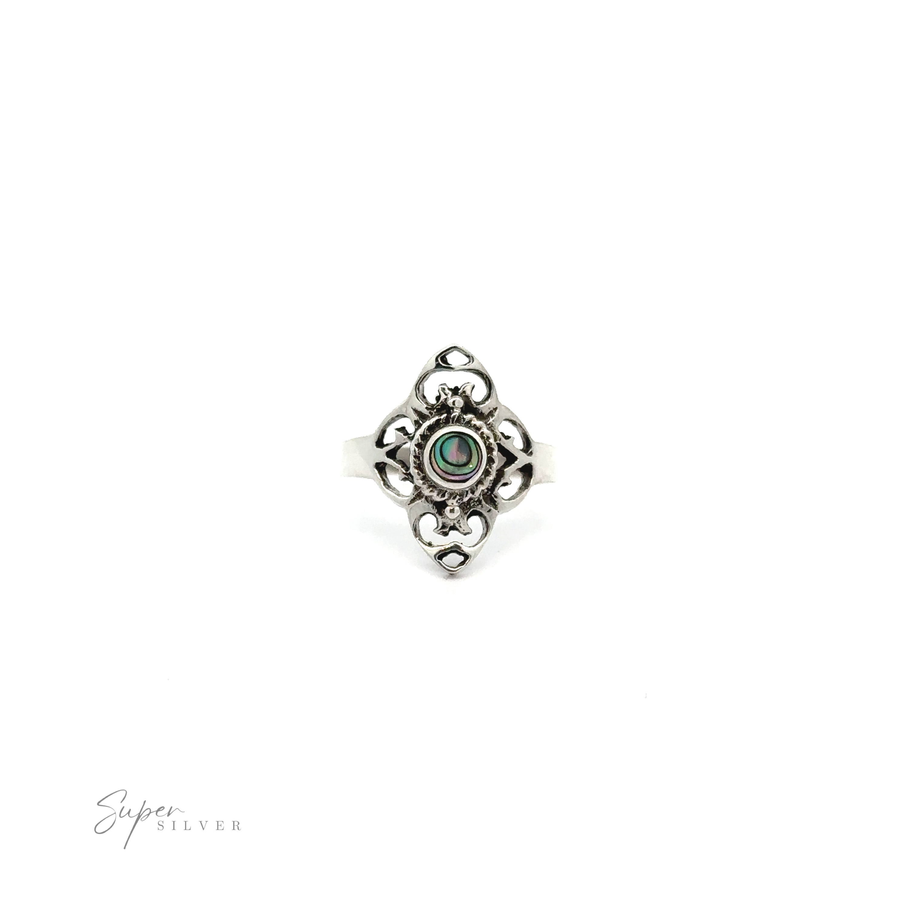 A silver ring with a Filigree Inlaid Stone Ring.