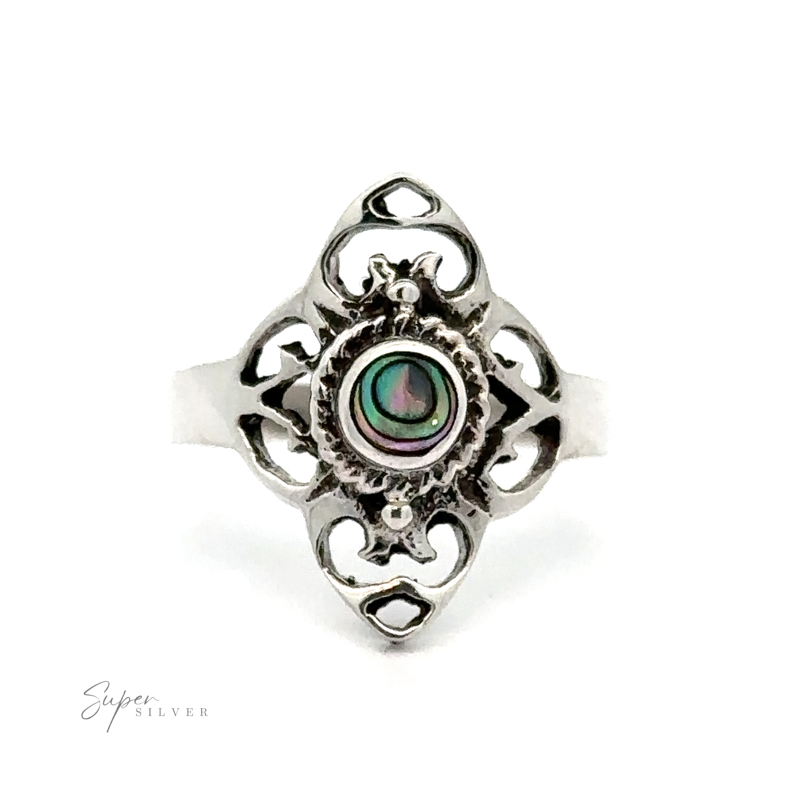 A Filigree Inlaid Stone Ring with a green inlaid stone has characteristics reminiscent of the Victorian era.
