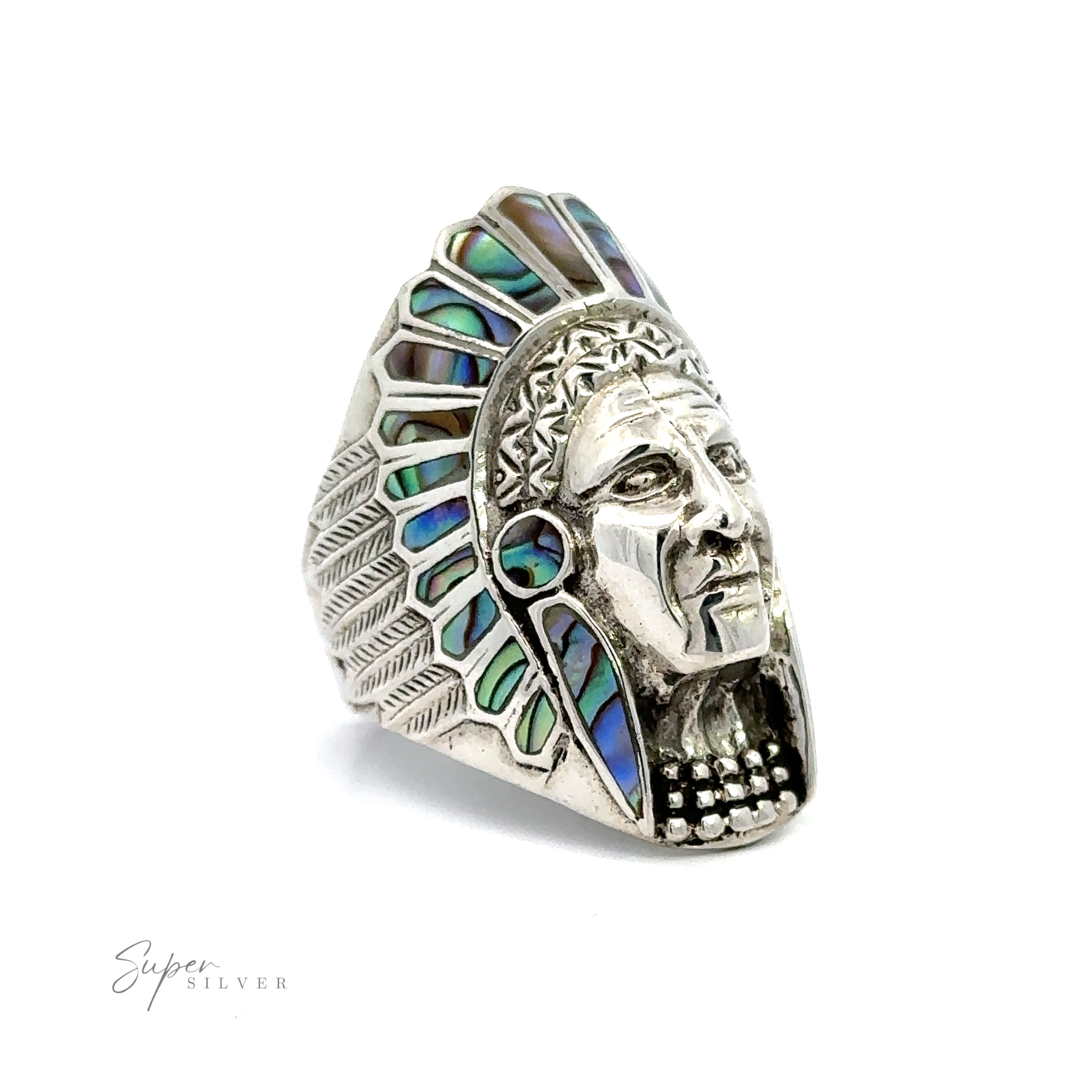 An Inlay Chief Ring with a Native American chief wearing a traditional headdress.