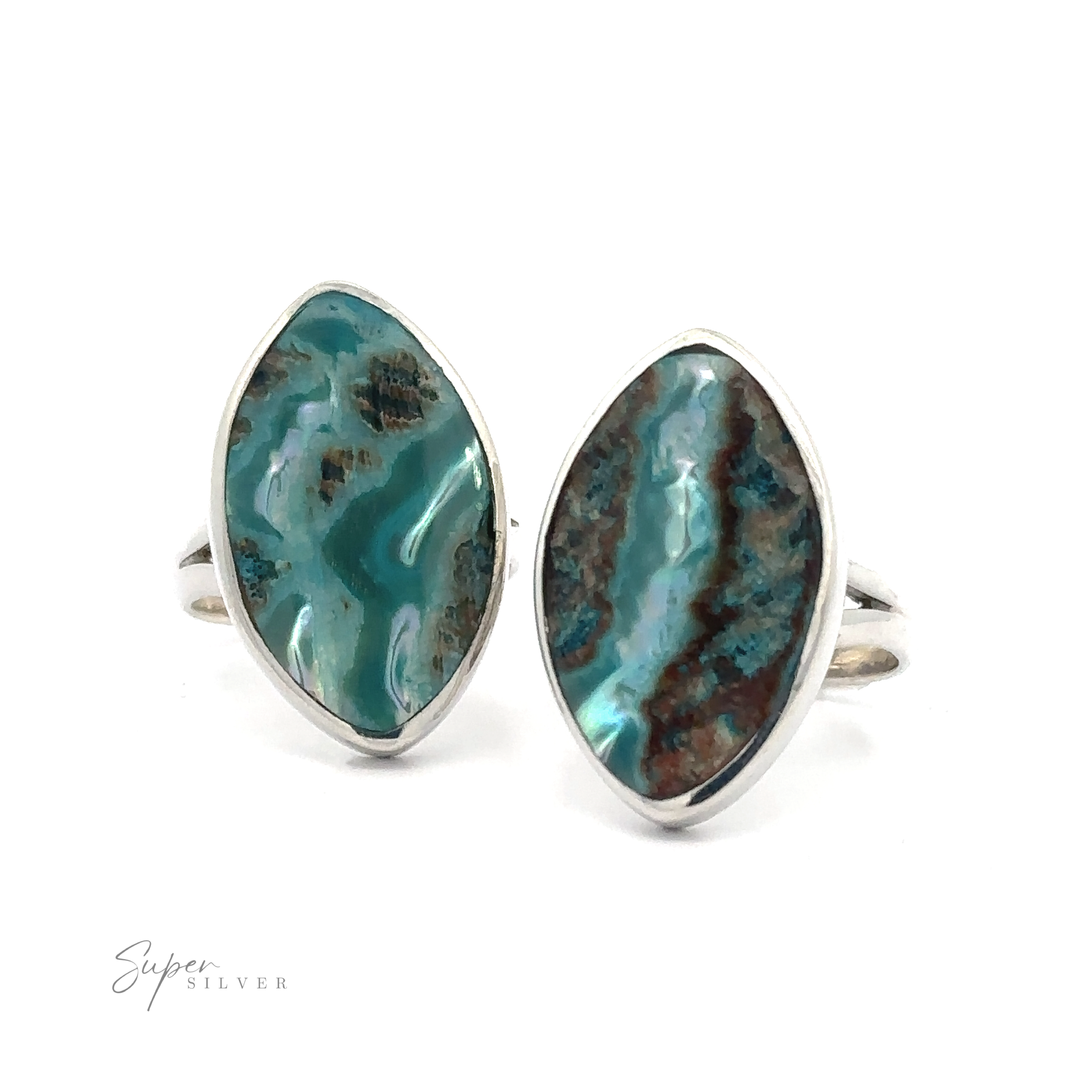Dyed natural abalone rings with marquise-shaped turquoise gemstones.