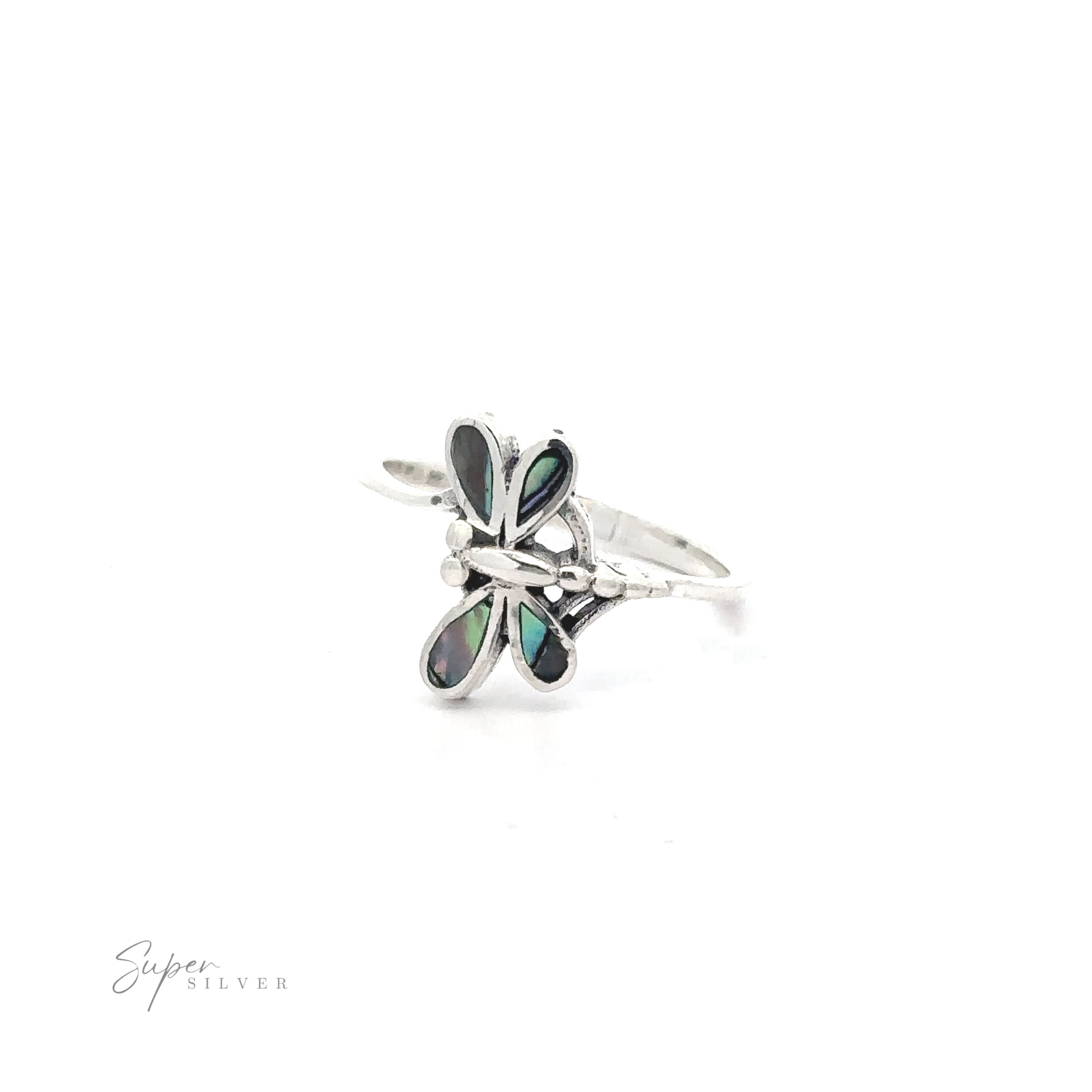 Inlaid Stone Dragonfly ring with black gemstone inlays on a white background.