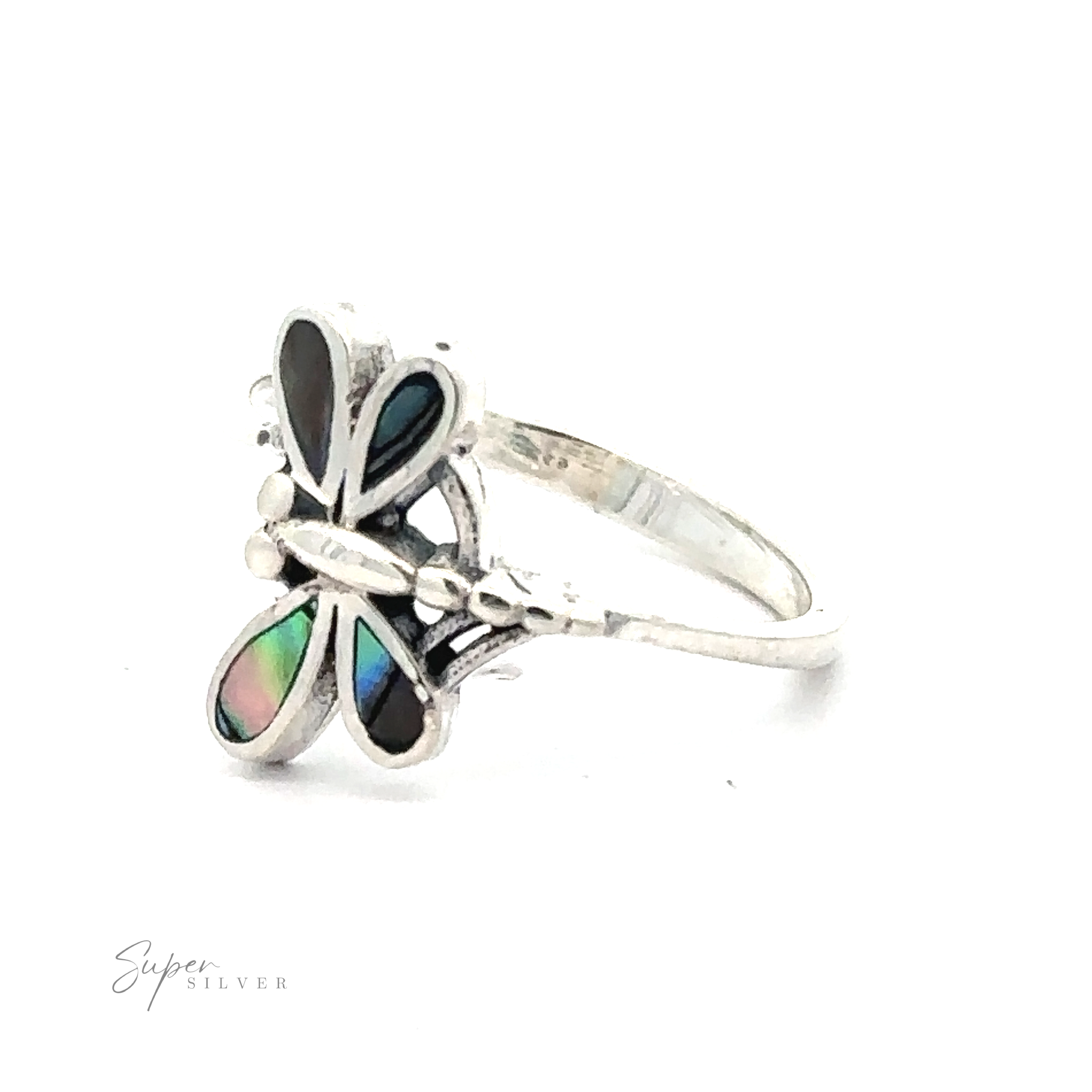 A butterfly-shaped Inlaid Stone Dragonfly ring with colorful Abalone, Mother of Pearl, Turquoise, and Onyx inlays on a white background.