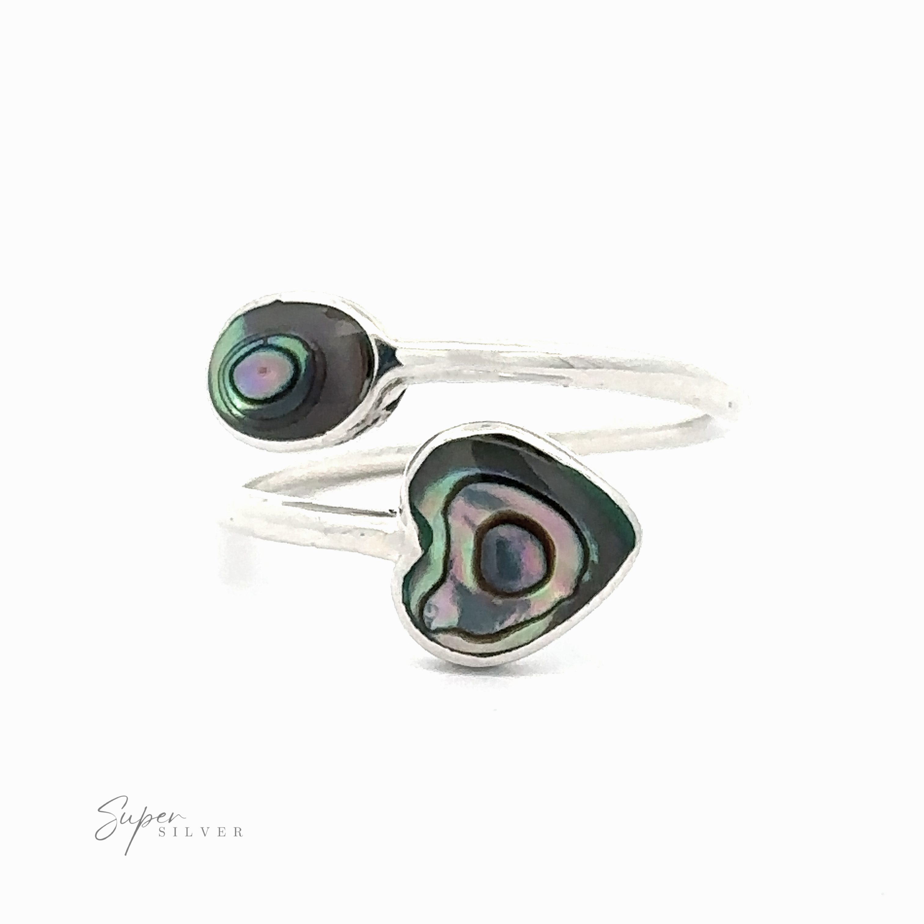 Adjustable Inlay Stone Heart Ring with Abalone and Mother of Pearl with two different shaped paua shell inlays on a white background, inspired by the ocean.