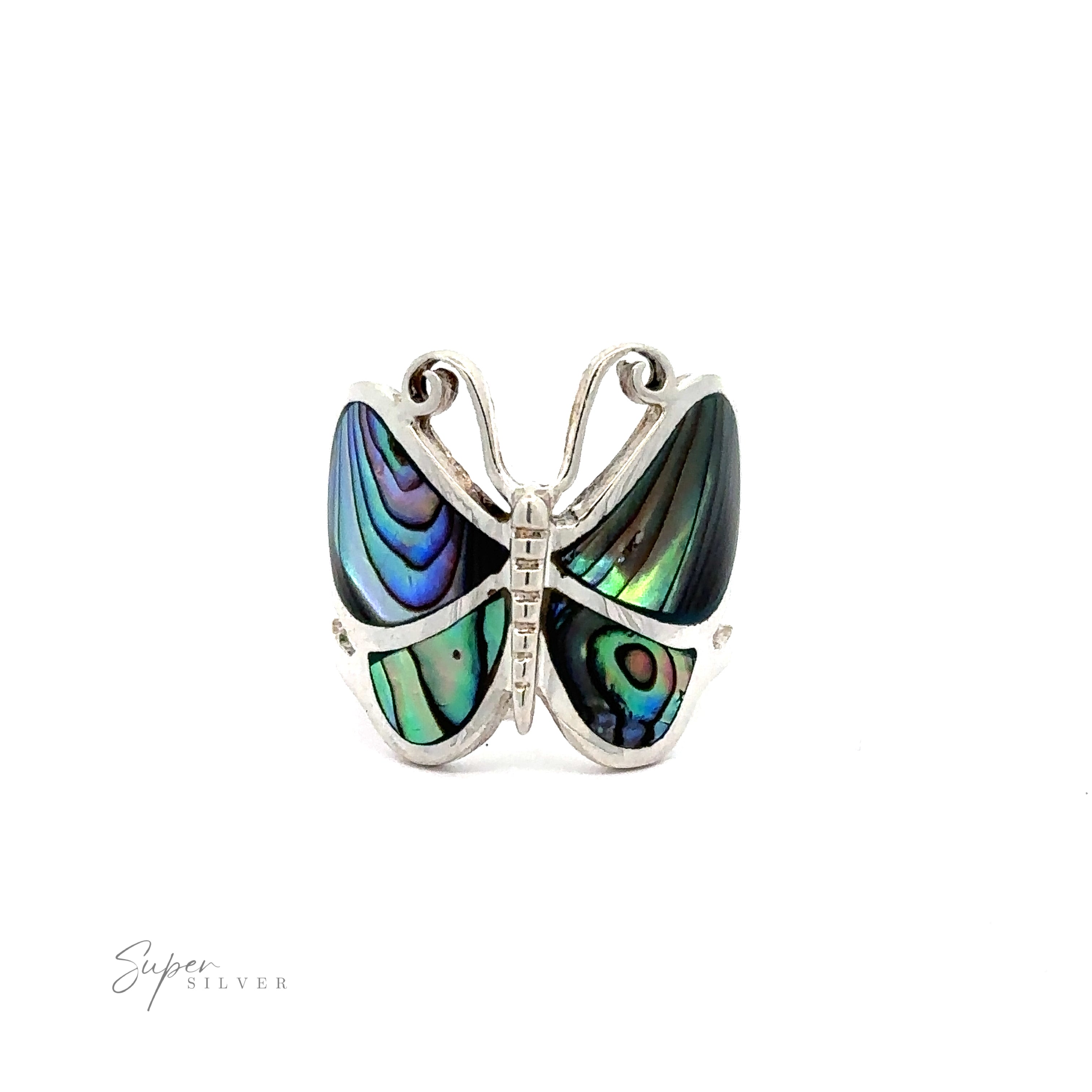 A Bold Butterfly Ring with Inlaid Stones featuring vibrant blue and green iridescent inlay, displayed against a white background with ".925 Sterling Silver" signature.