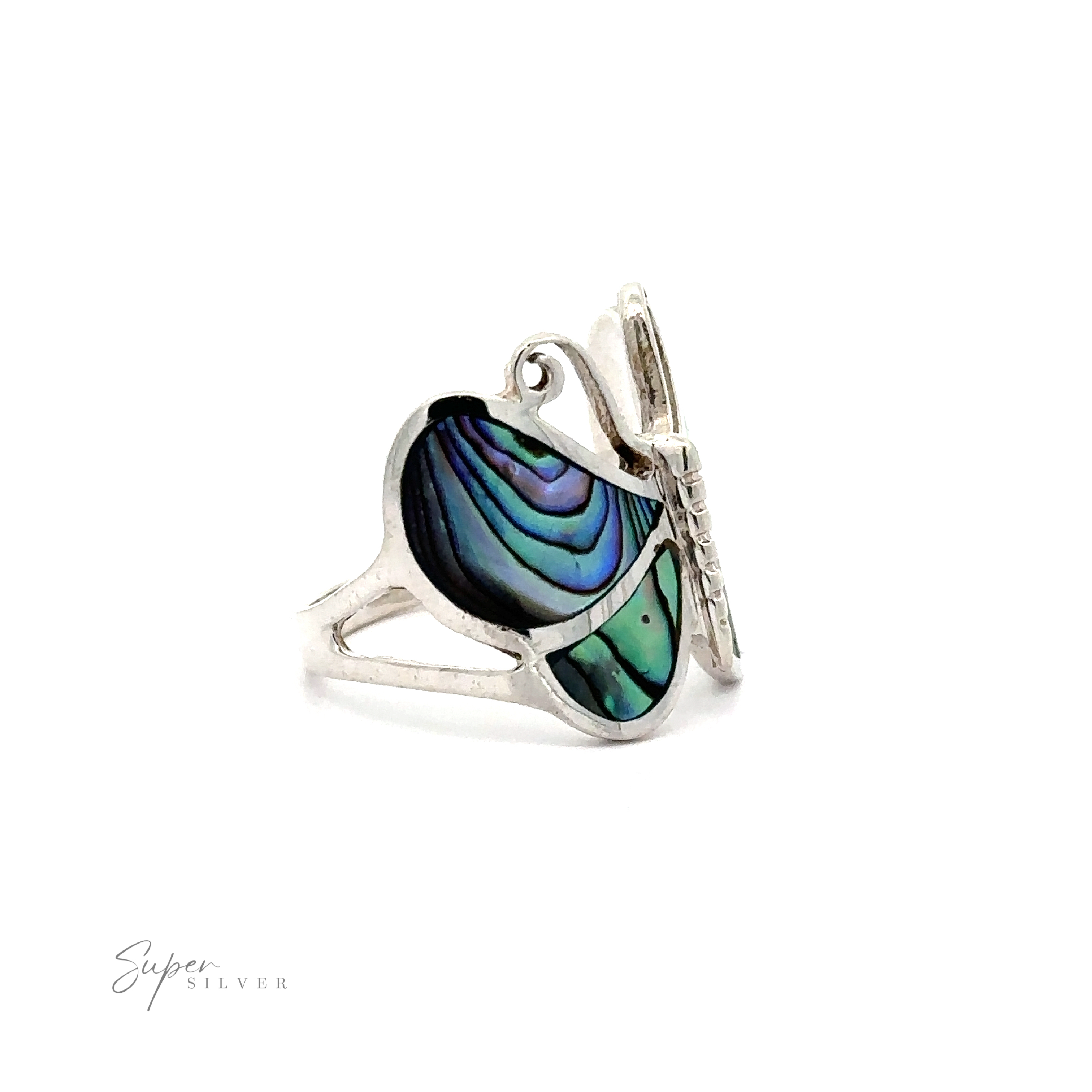 Bold Butterfly Ring with Inlaid Stones featuring sections of iridescent blue and green material.