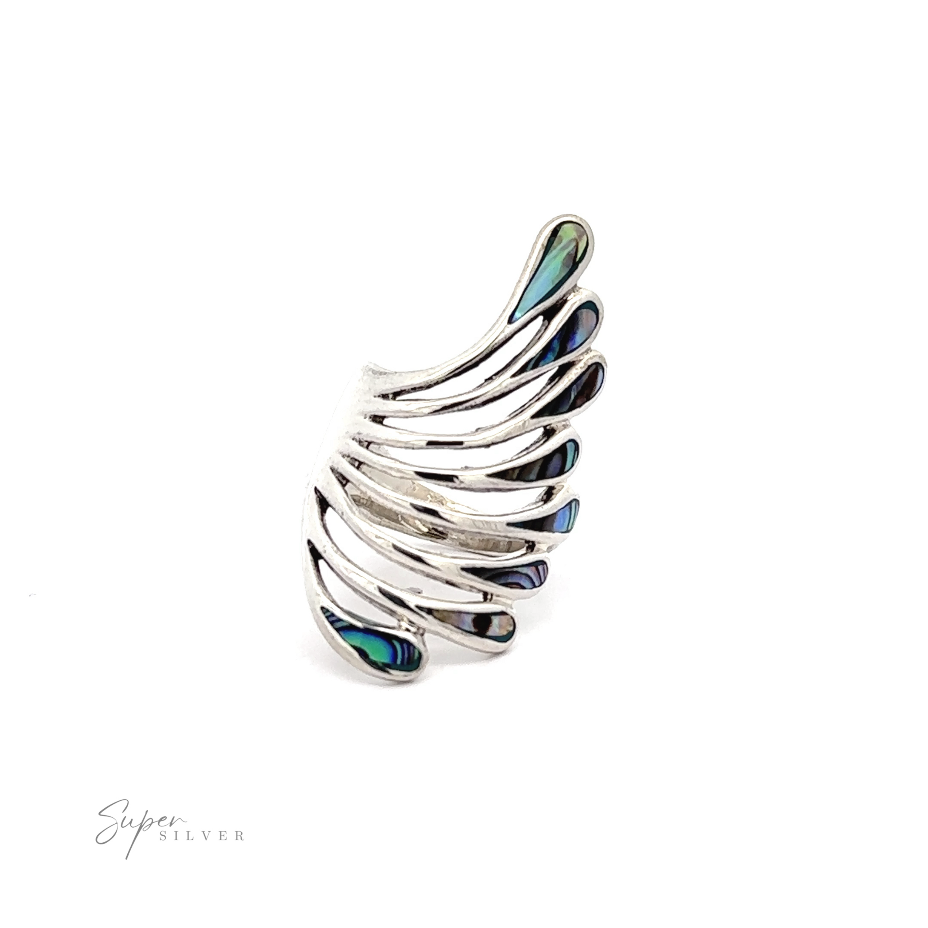 An enchanting Beautiful Inlay Stone Wing Fan Ring with shimmering blue and green wings.