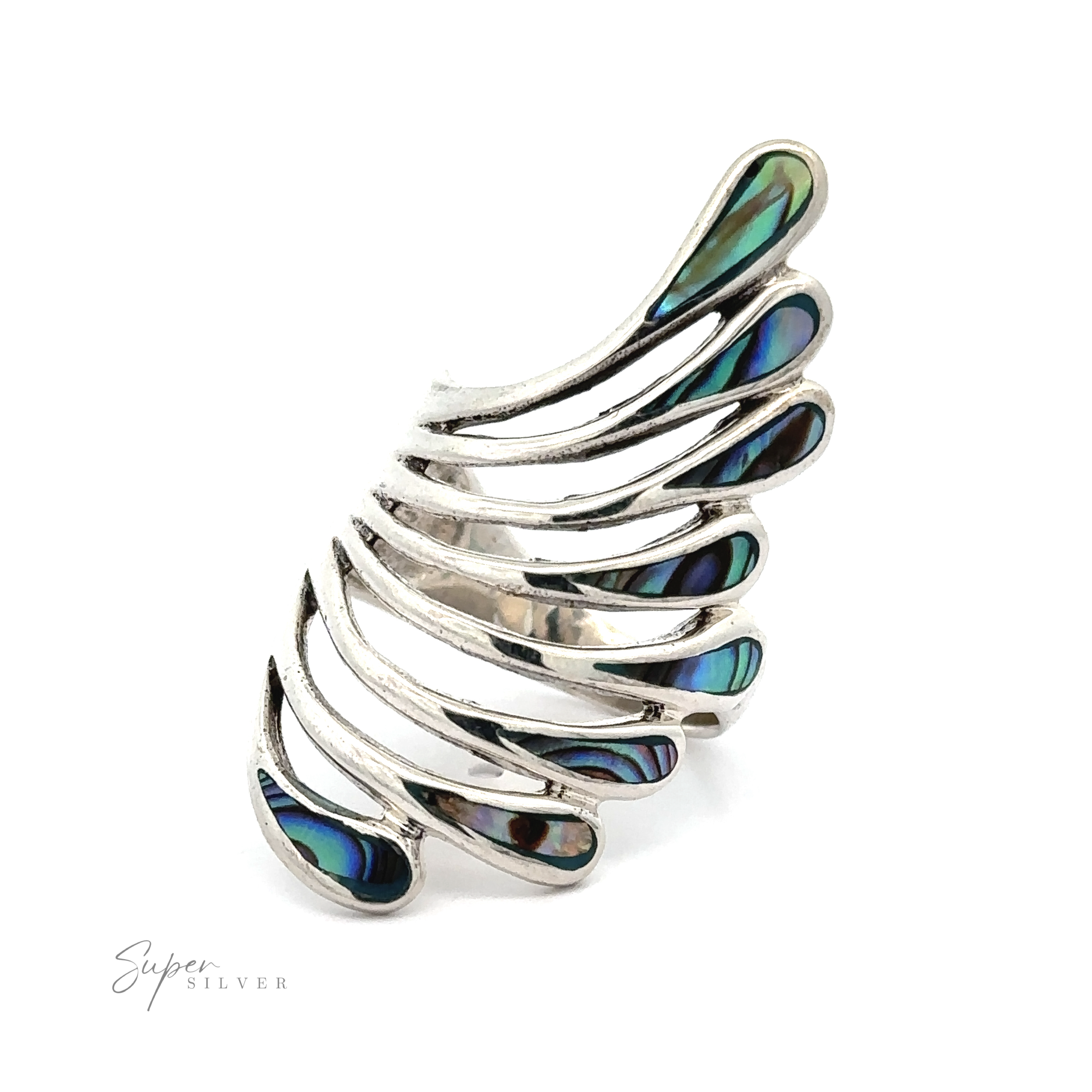 A silver Beautiful Inlay Stone Wing Fan Ring with an enchanting abana shell design in black and white, shimmering and shining beautifully.