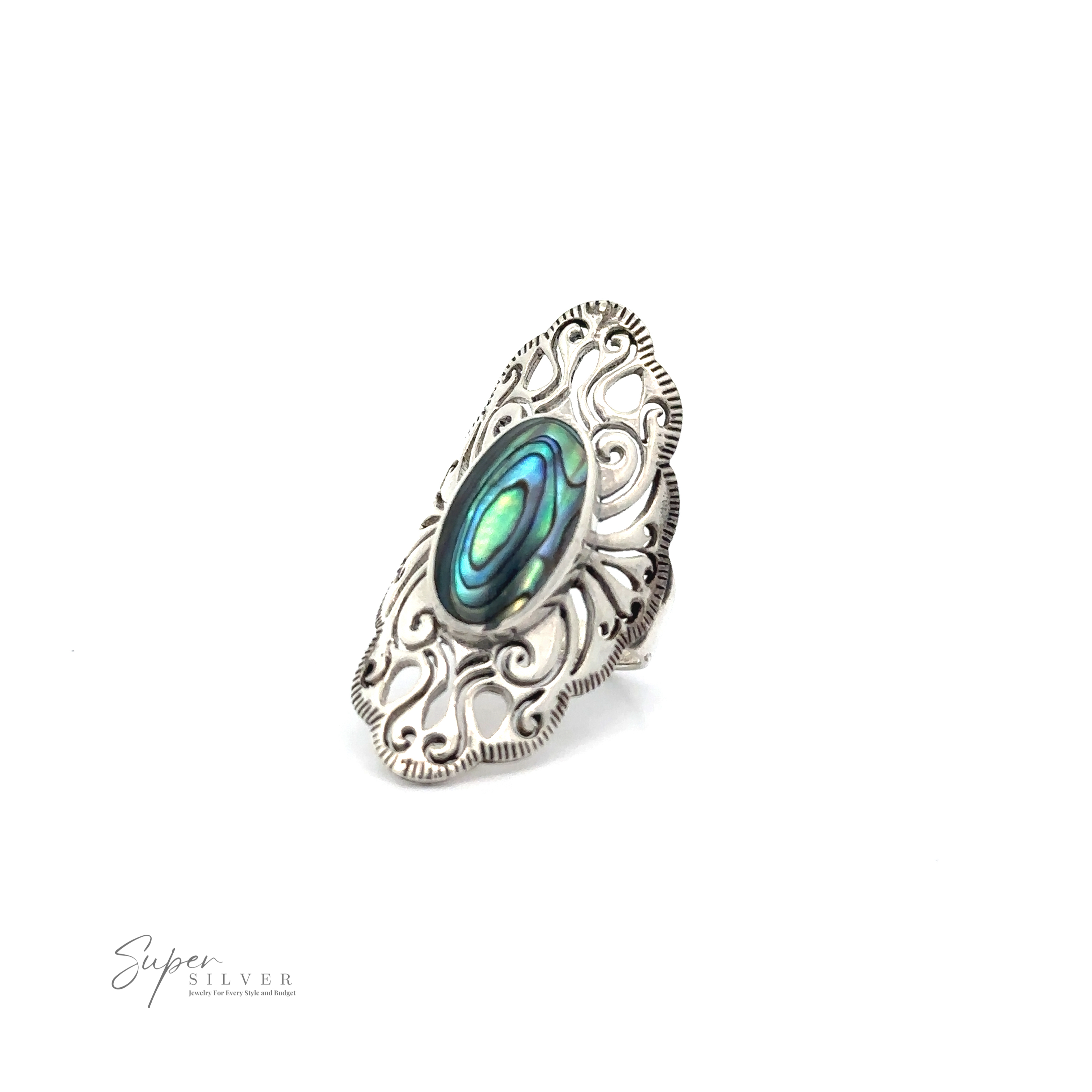 A Long Vintage-Inspired Filigree Ring With Inlaid Stone with an intricate design featuring a central green and blue stone on a white background. The logo "Super Silver Mexico" is visible in the bottom-left corner, adding vintage charm to this standout jewelry piece.