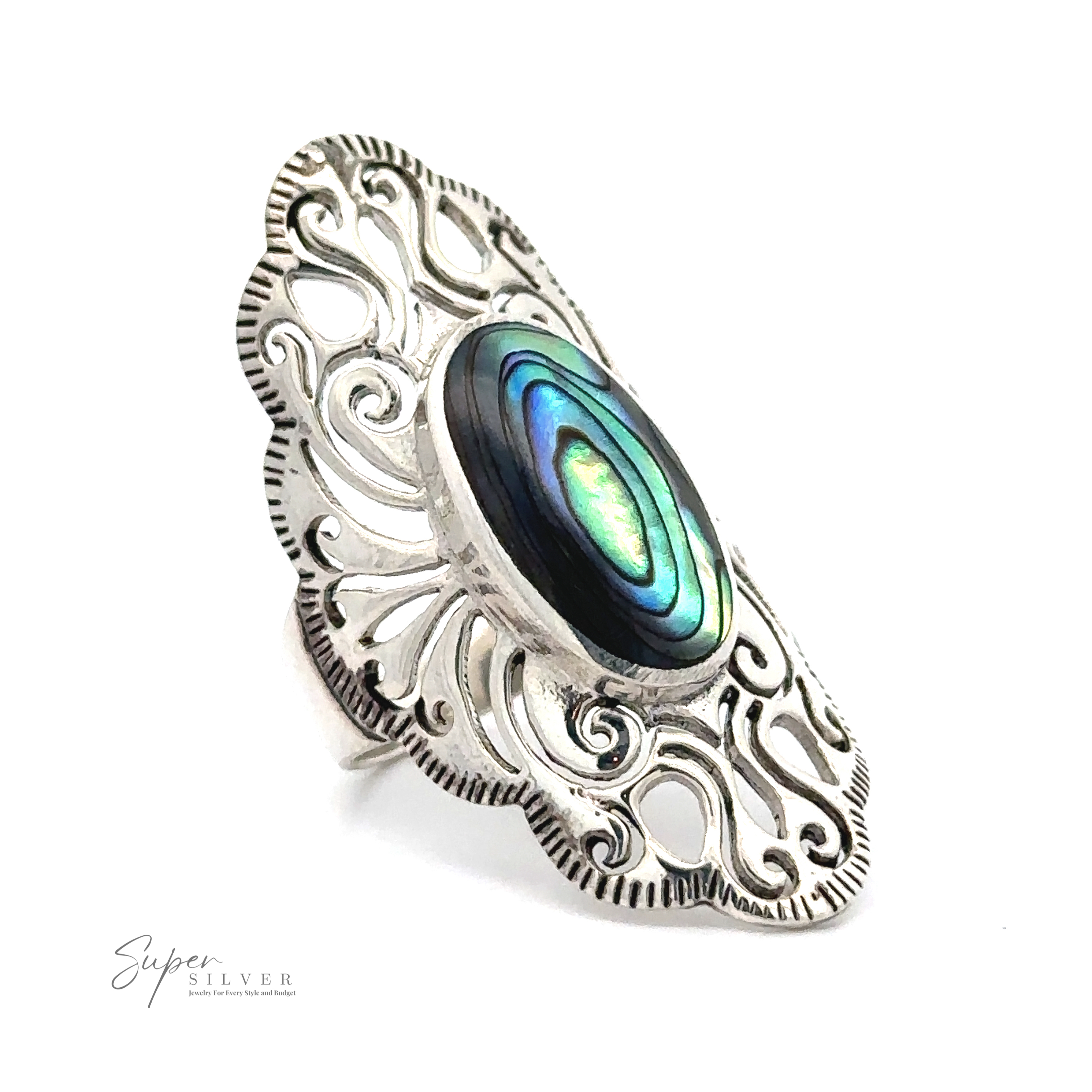 A standout piece of jewelry, this Long Vintage-Inspired Filigree Ring With Inlaid Stone boasts a silver band with intricate filigree design, featuring an oval abalone shell centerpiece that exudes vintage charm.