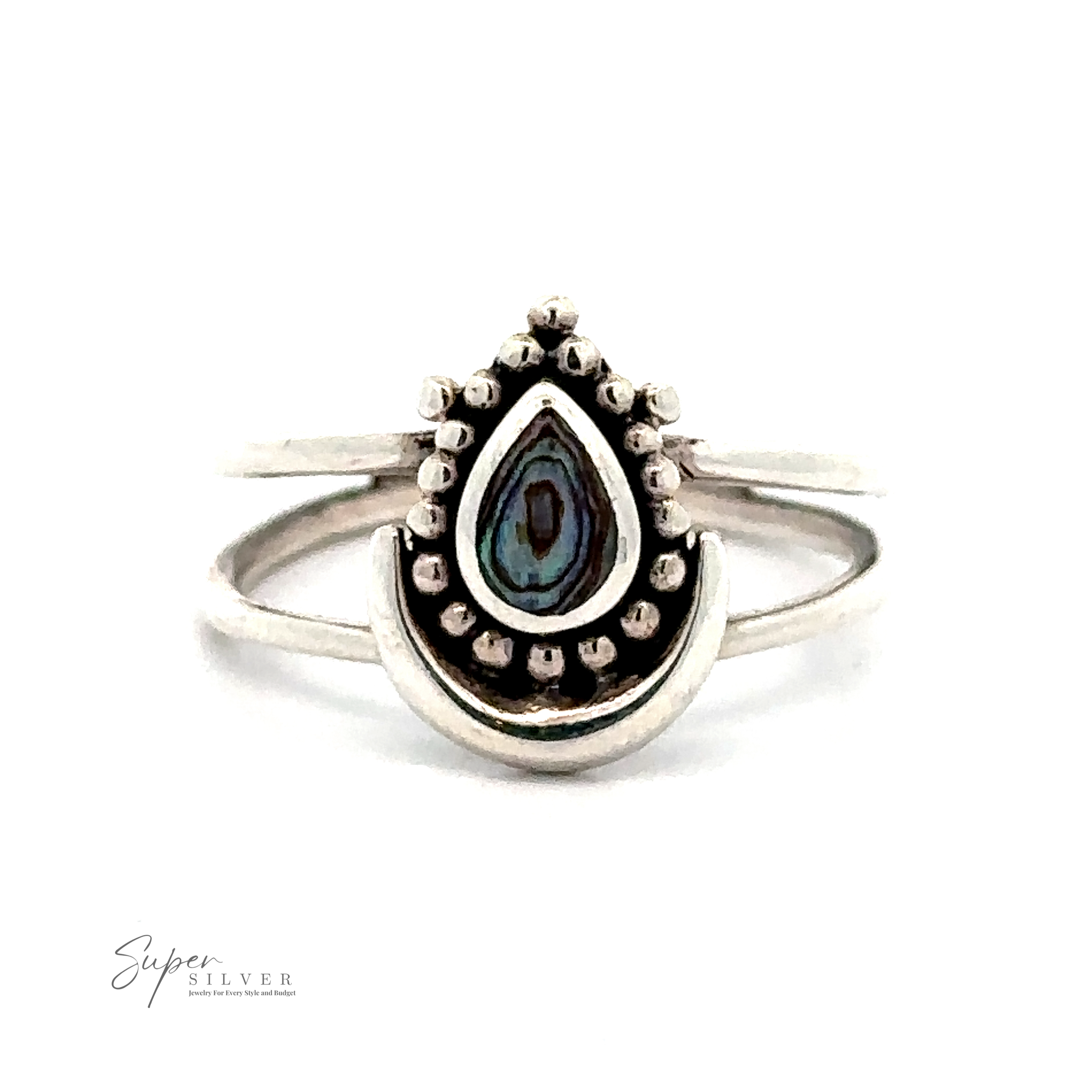 A Teardrop Ring With Inlaid Stone and Crescent Moon featuring a teardrop-shaped setting with a central iridescent stone, surrounded by small circular decorations, and a crescent moon at the base.