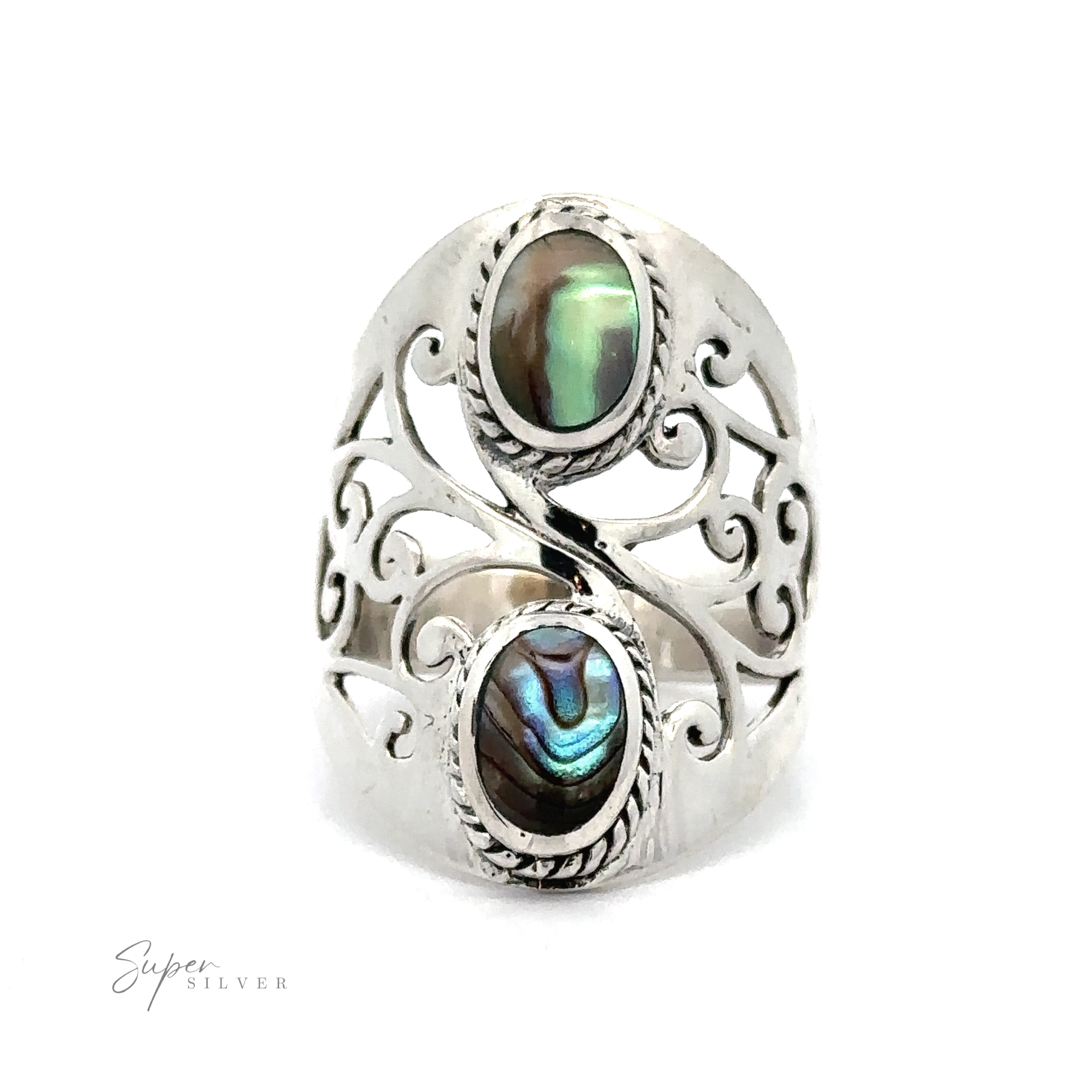 The Boho-Inspired Ring With Inlaid Stones features a silver filigree shield design adorned with two oval-shaped abalone shell stones, embedded in an intricate, swirling pattern with a bohemian touch. The ring showcases detailed metalwork and includes the "Super Silver" text on the bottom left.