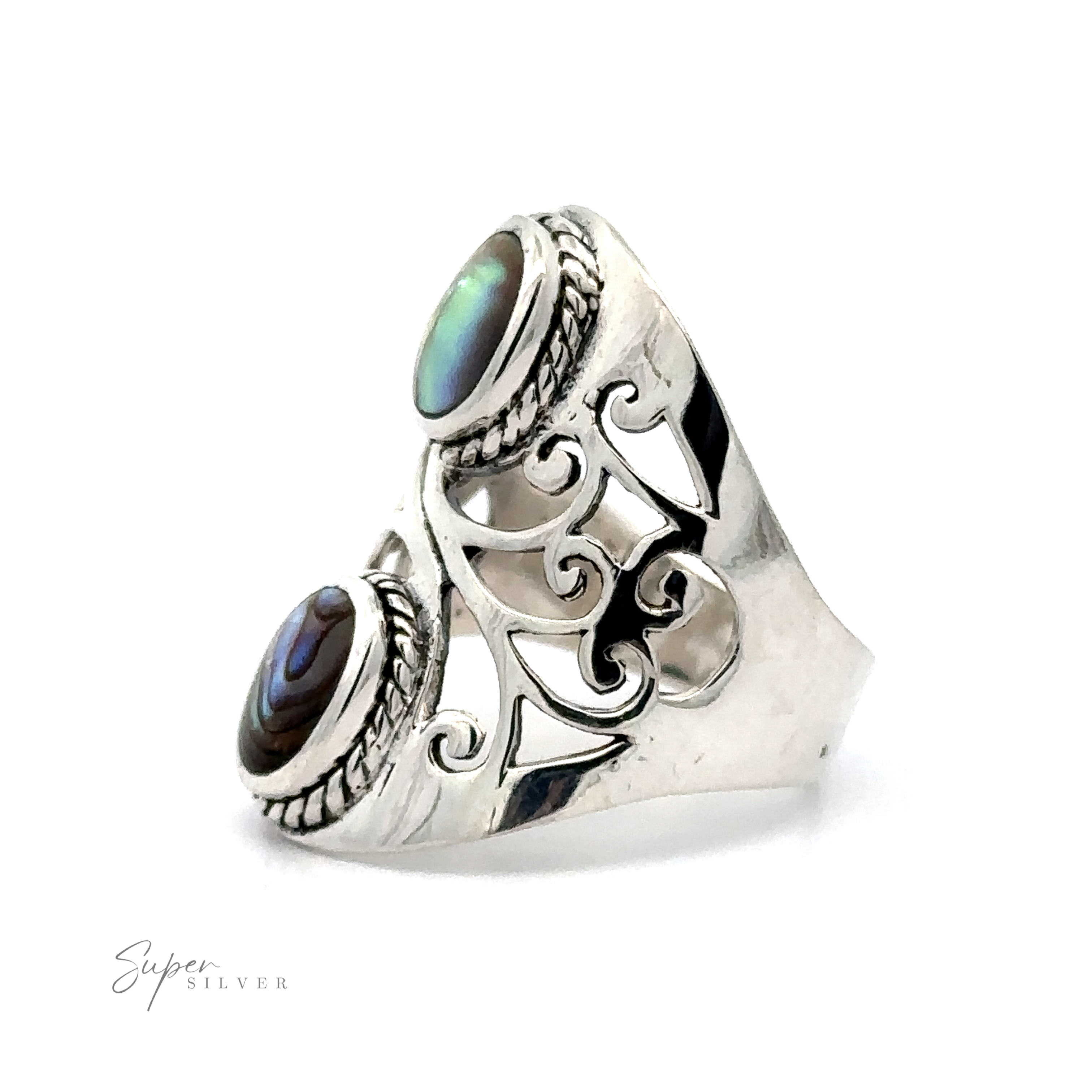 The Boho-Inspired Ring With Inlaid Stones features two oval-shaped abalone shell stones and intricate filigree detailing on a white background. This ring, exuding a bohemian twist, is marked "Super Silver" on the lower side.