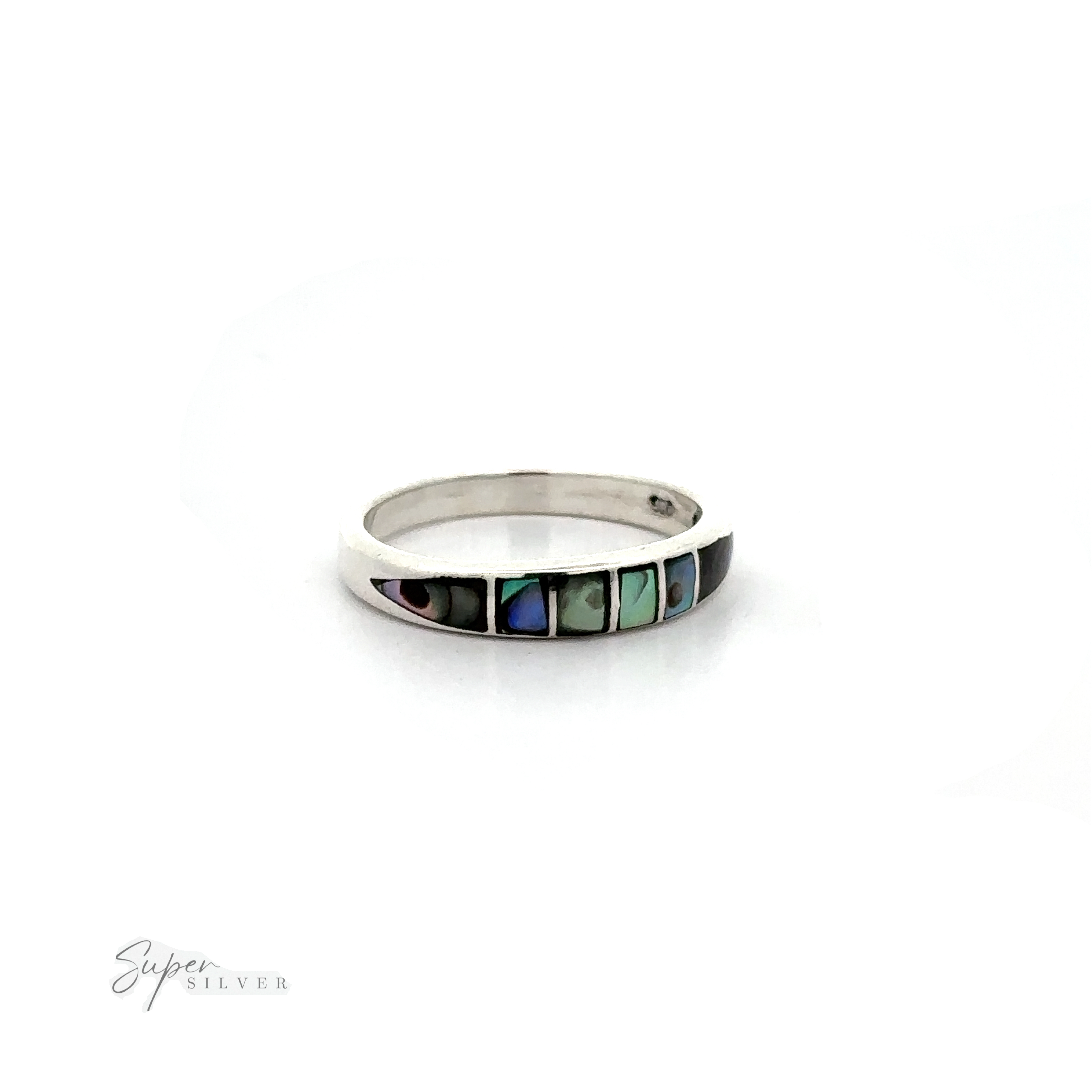 An Inlay Stone Band with a dome design, featuring black and green abalone shells inlaid as stones.