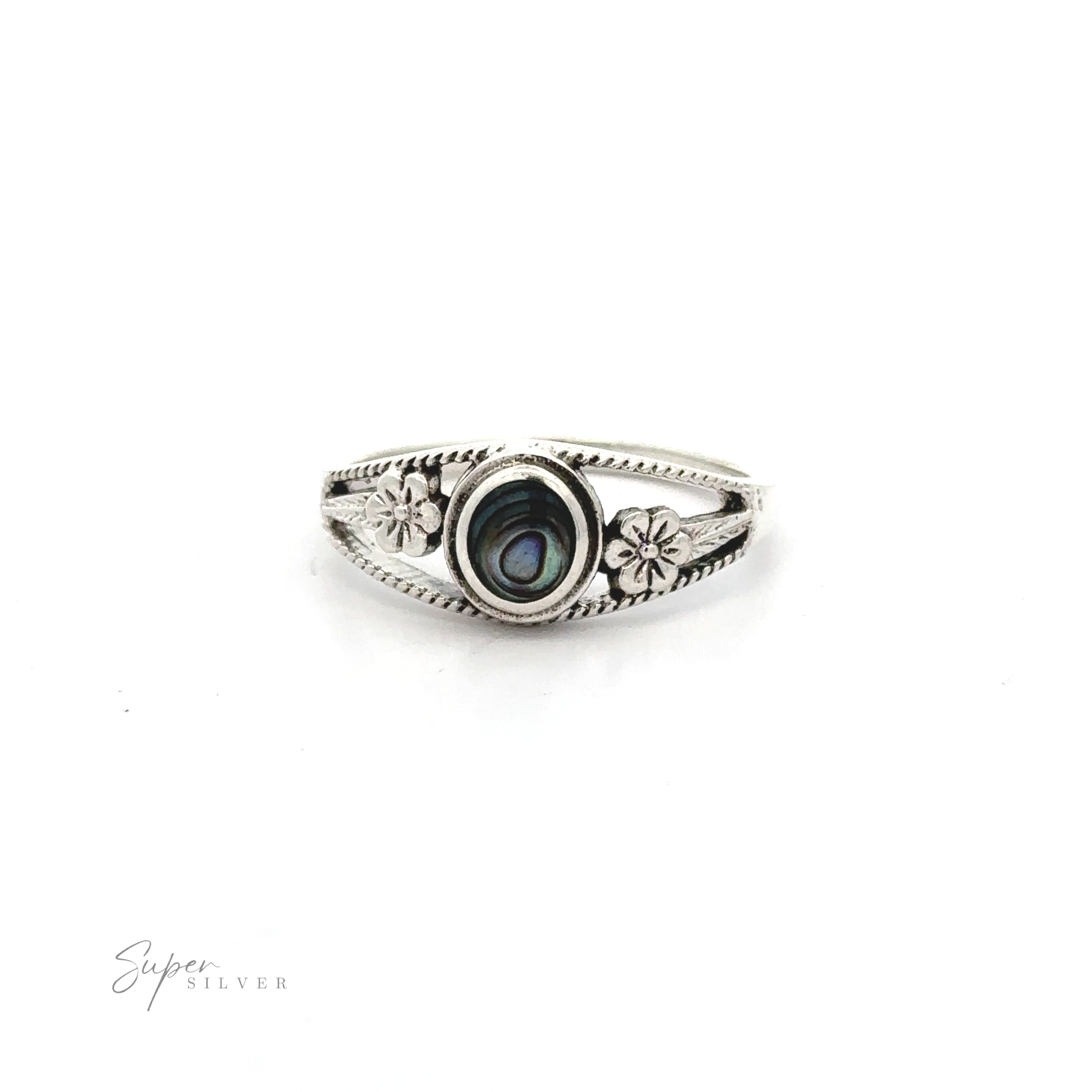 An Inlay Stone Ring with Flower and Rope Design with a center stone made of black abalone.