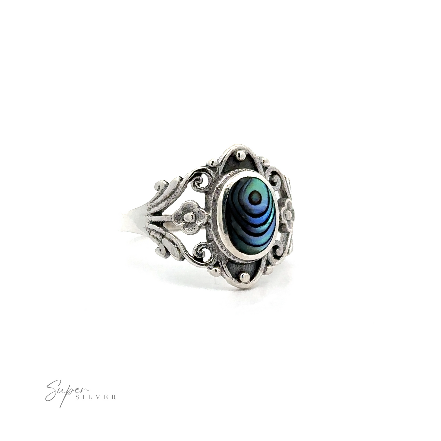 
                  
                    A Floral Filigree Inlay Stone Ring with a turquoise stone.
                  
                