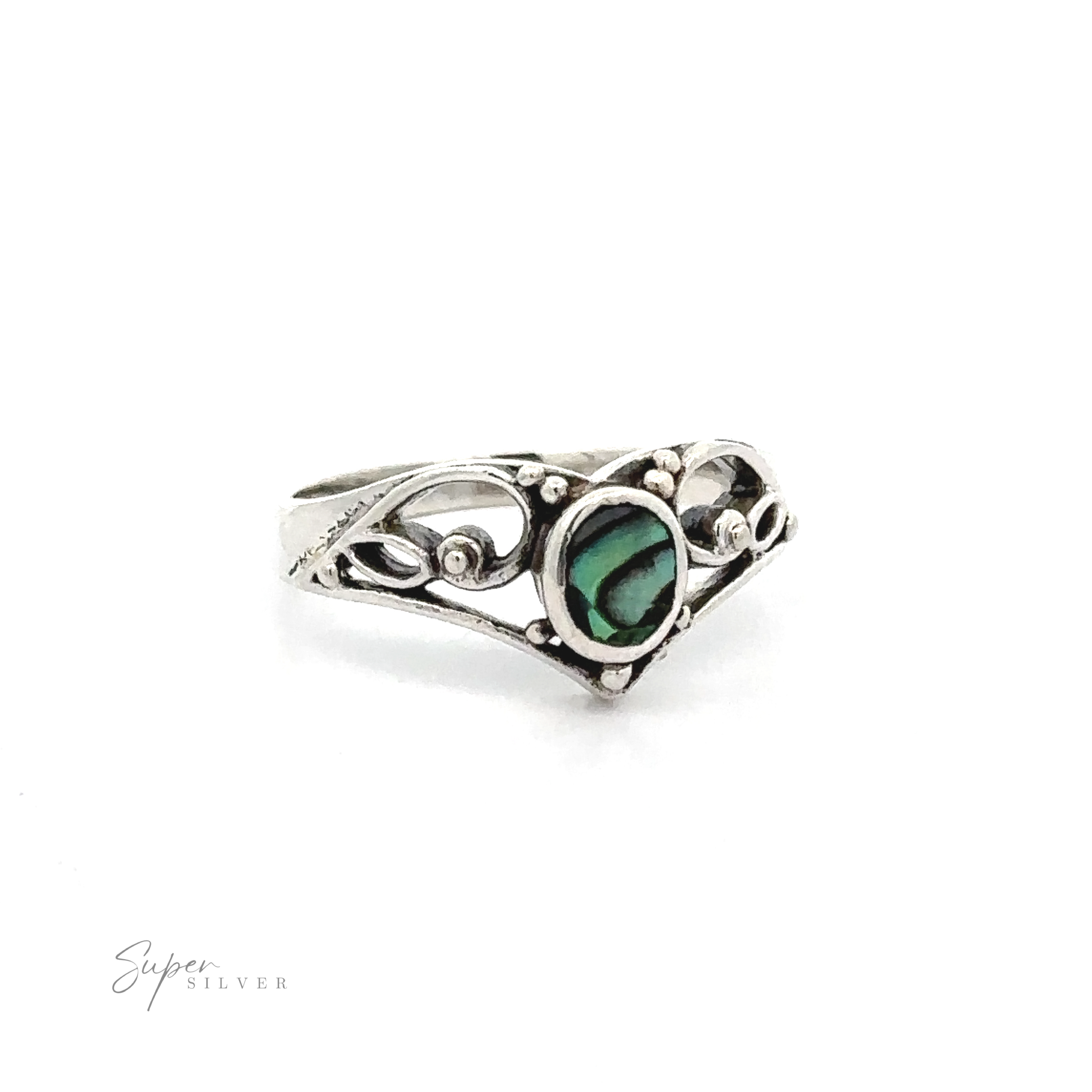 A Filigree Crown Ring with Inlaid Oval Stone with a green stone.