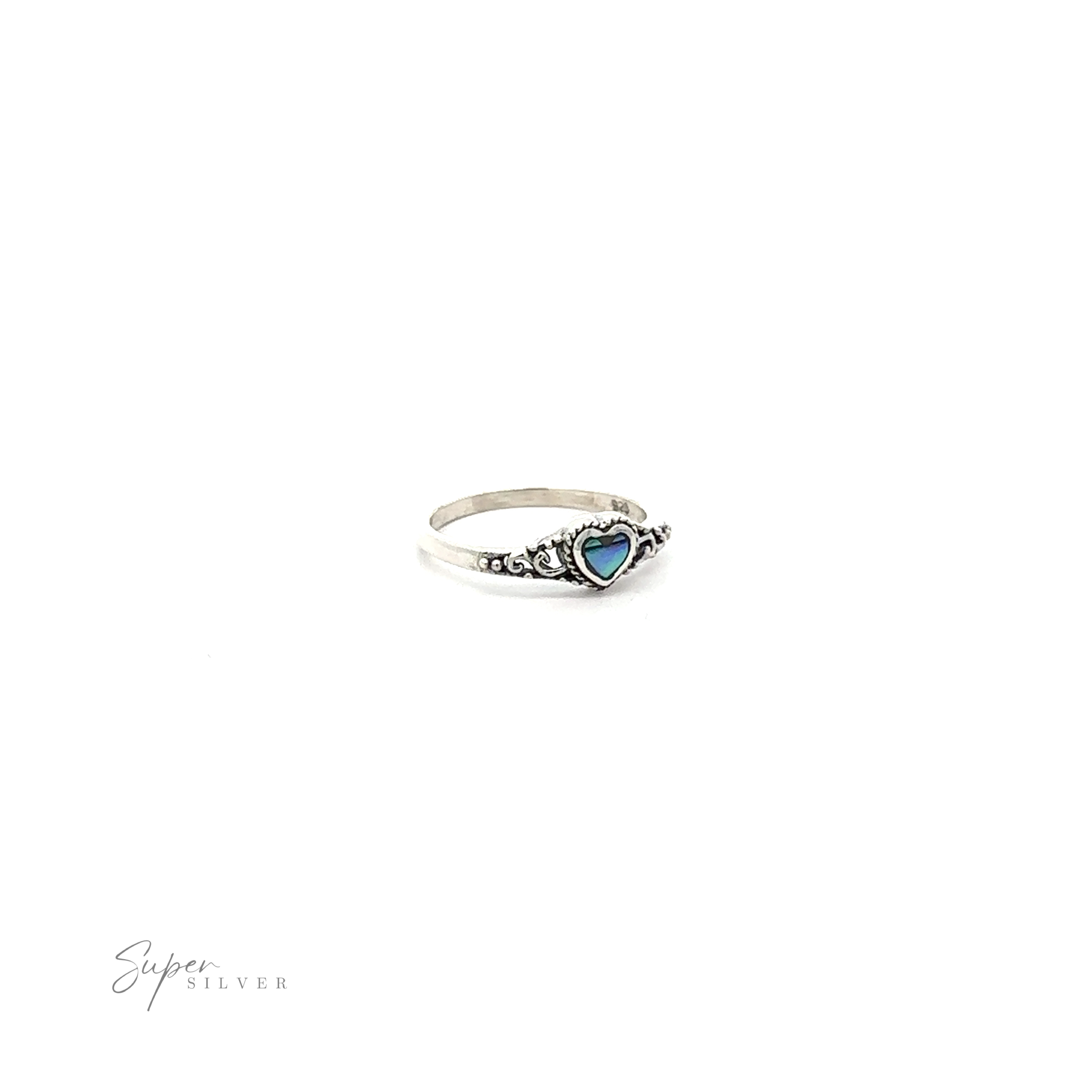A Dainty Heart Filigree Ring with Inlaid Stones with a blue mother-of-pearl stone.
