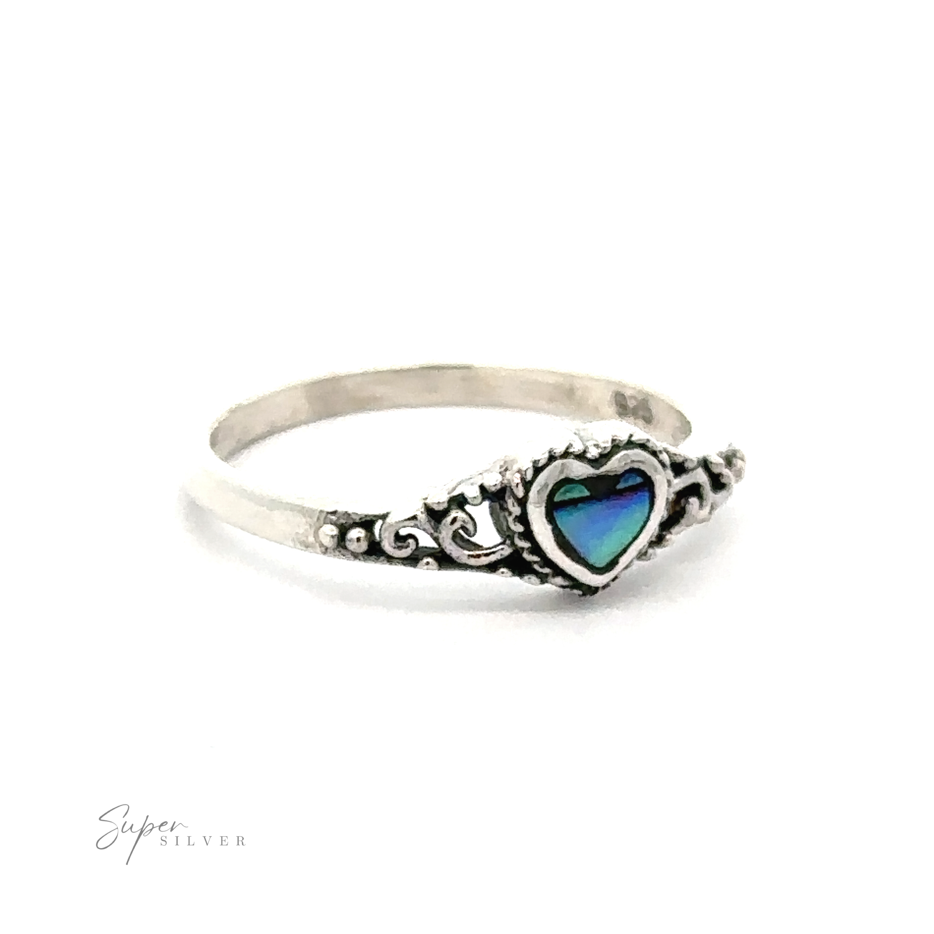 A Dainty Heart Filigree Ring with Inlaid Stones with a blue stone.