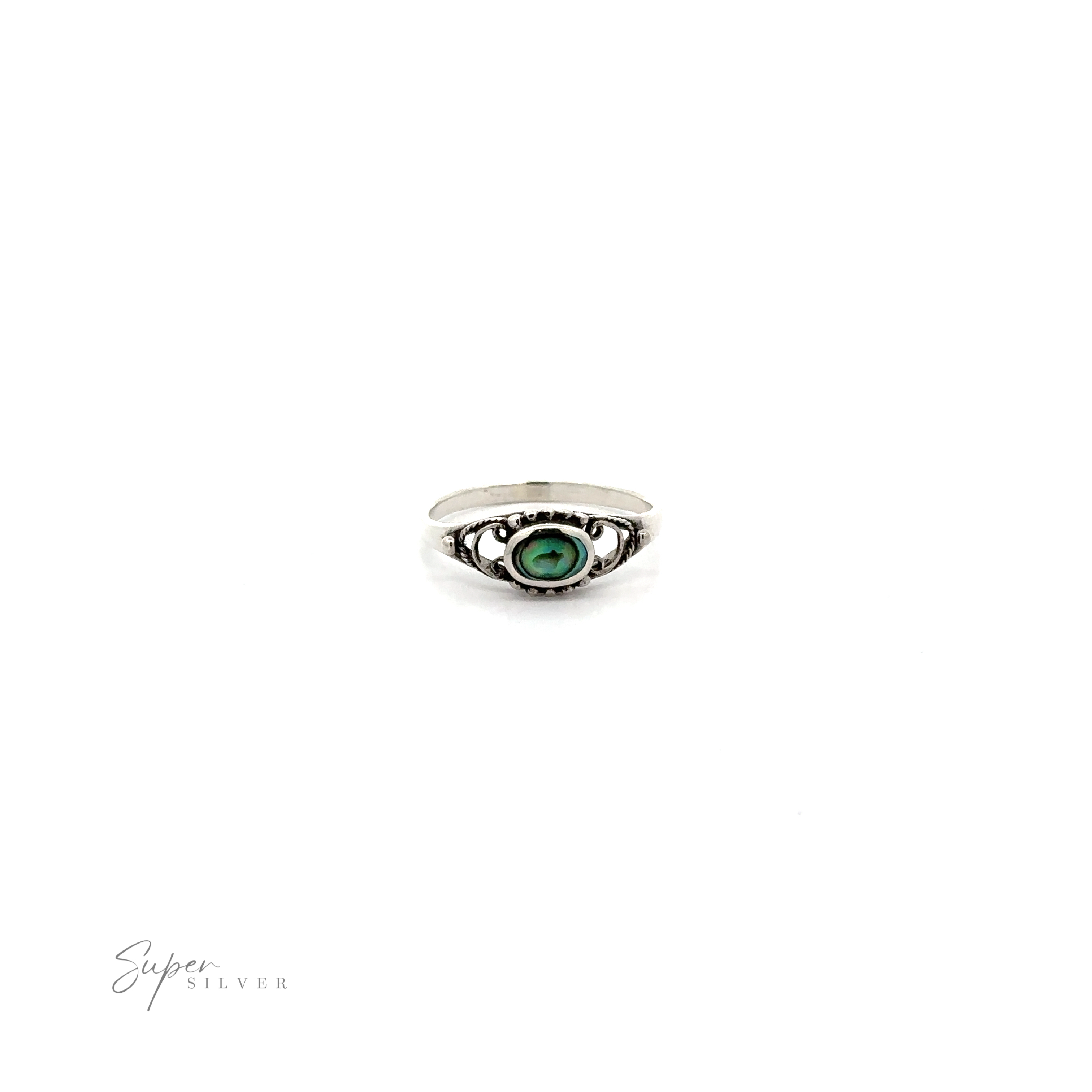 A sterling silver Oval Stone Ring With Delicate Border with a ball pattern on a white background.