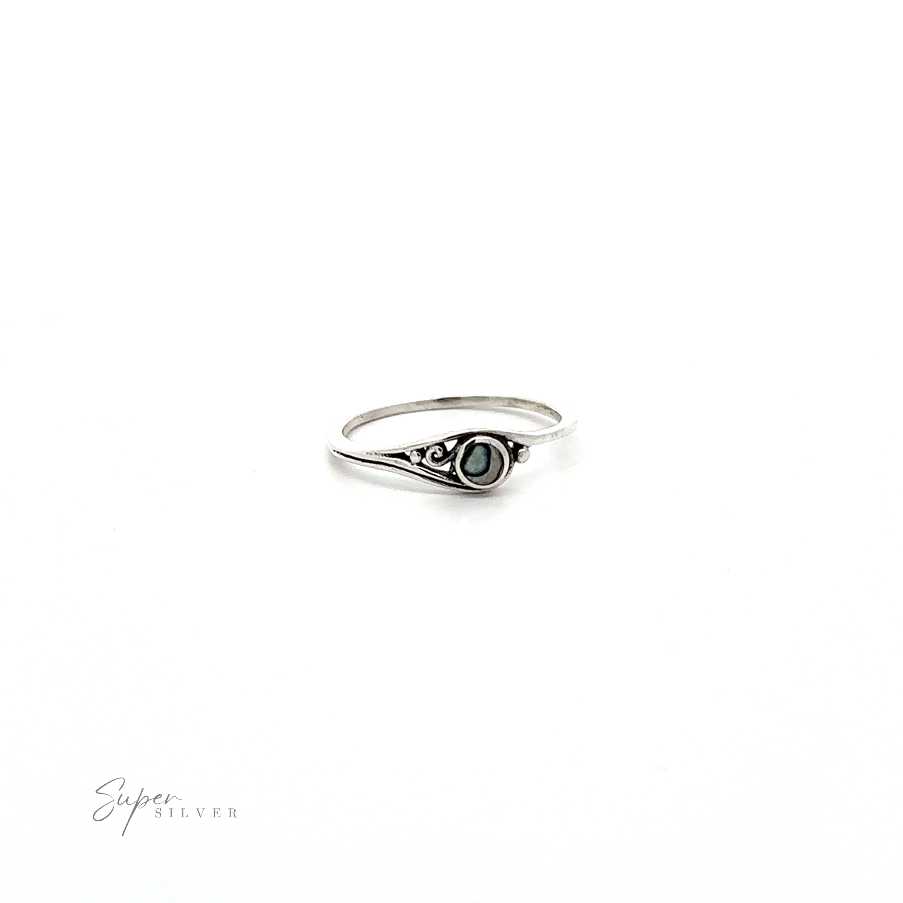 A sterling silver ring with a green Delicate Inlay Stone featuring a Small Swirl Design.