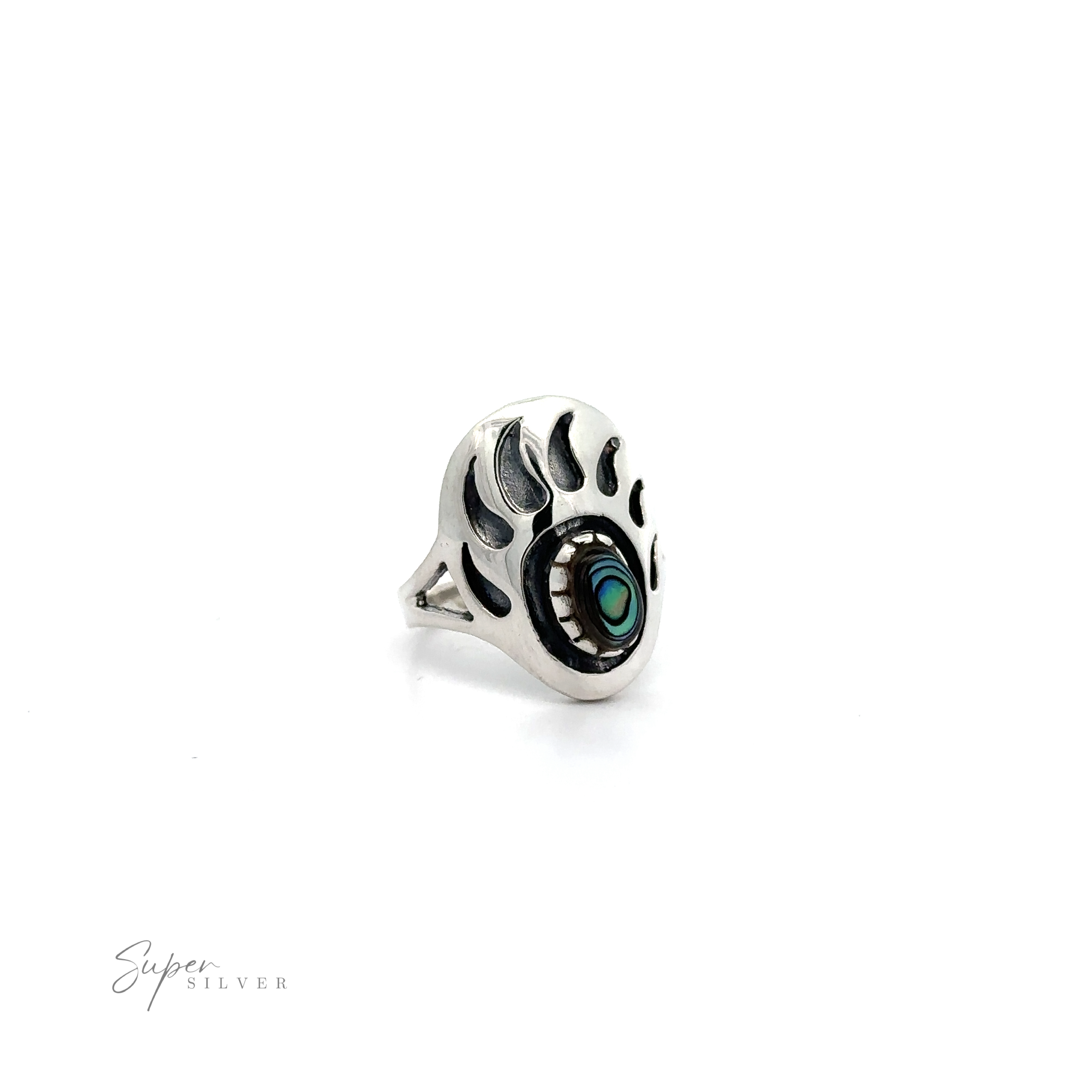 A silver Stone Bear Paw Ring with a turquoise stone in the middle.
