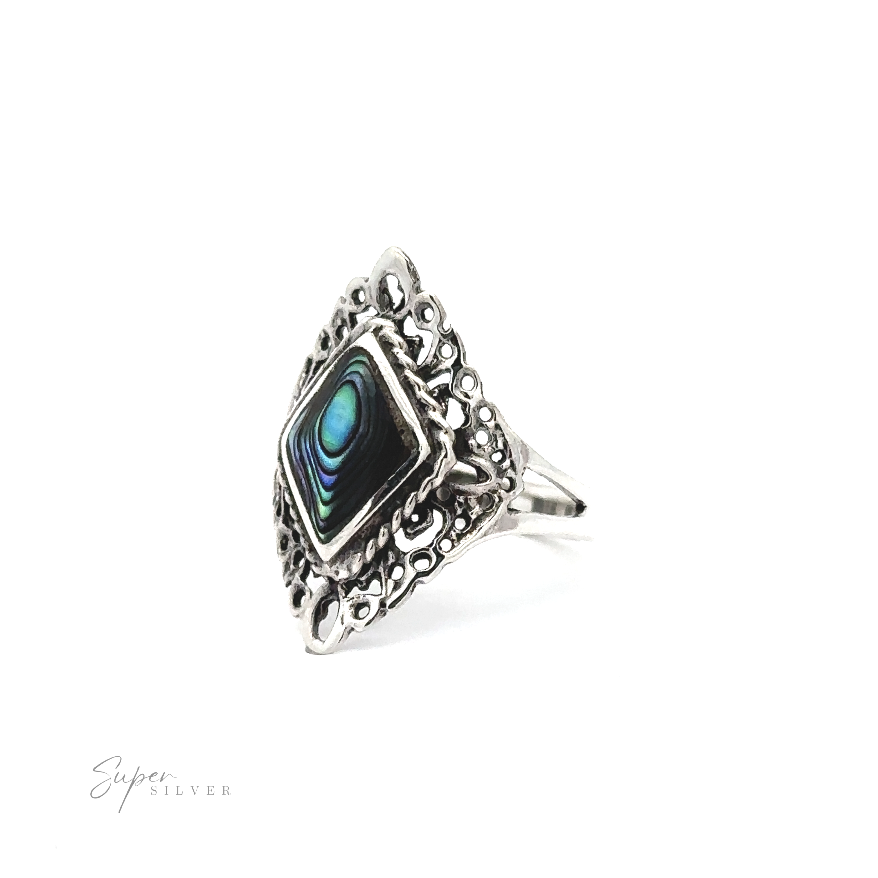 A silver Diamond Shaped Filigree Ring with Inlaid Stones midi ring with a blue and black shell.