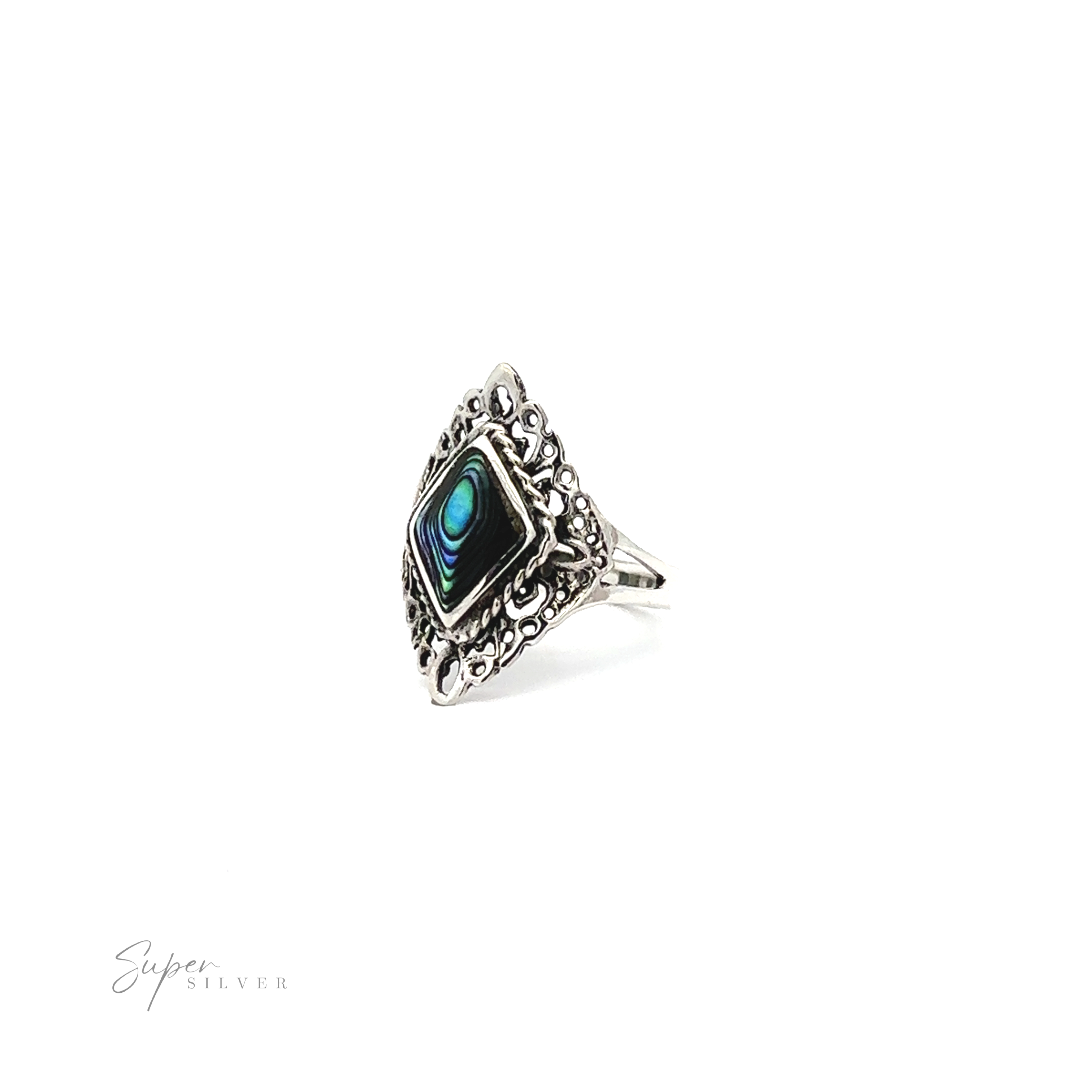 A silver Diamond Shaped Filigree ring with inlaid stones in the middle.