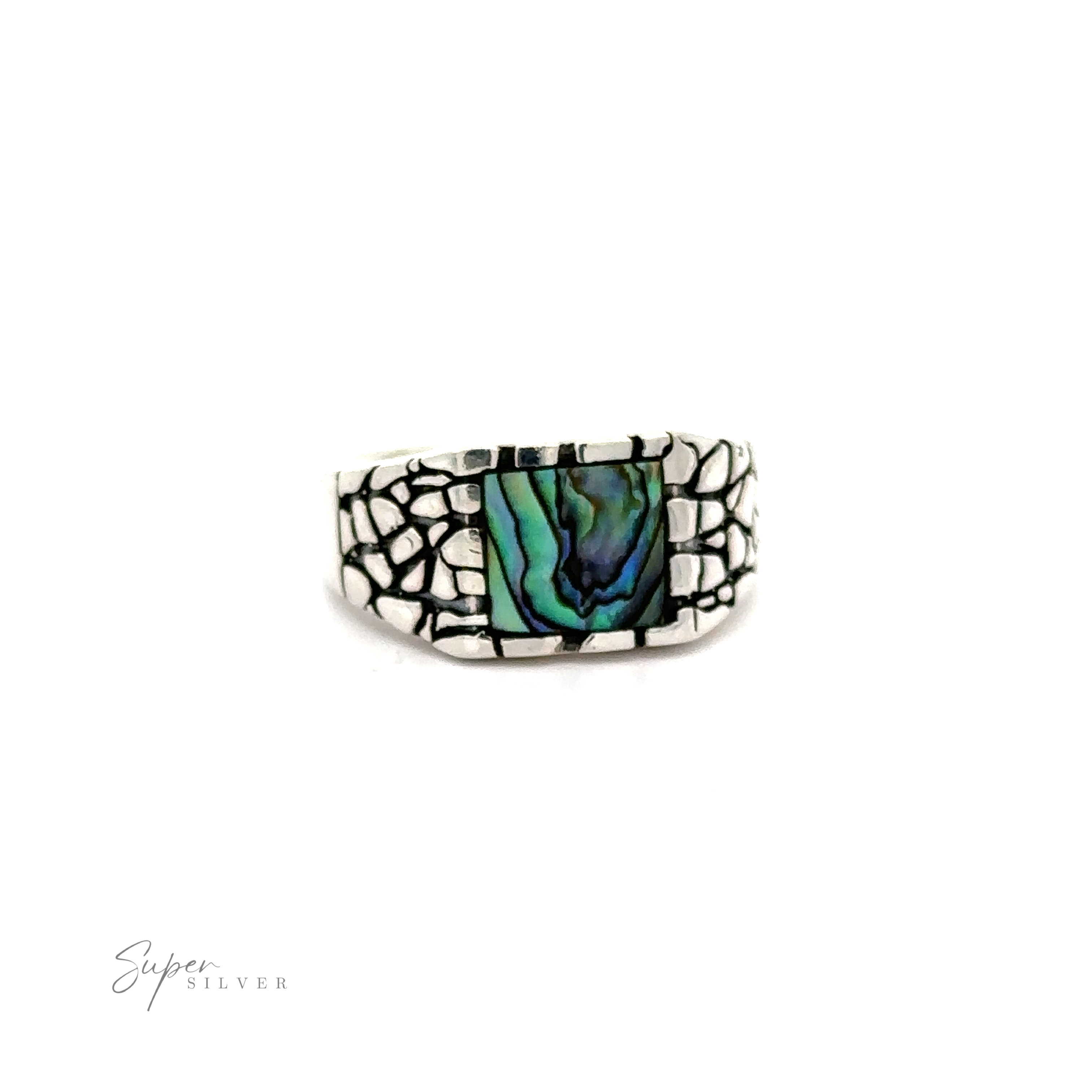 A Stone Signet Ring with A Dragon Scale Pattern featuring an inlaid abalone shell.